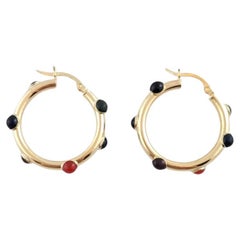 14K Yellow Gold Hoop Earrings With Cabochon Accents #15865