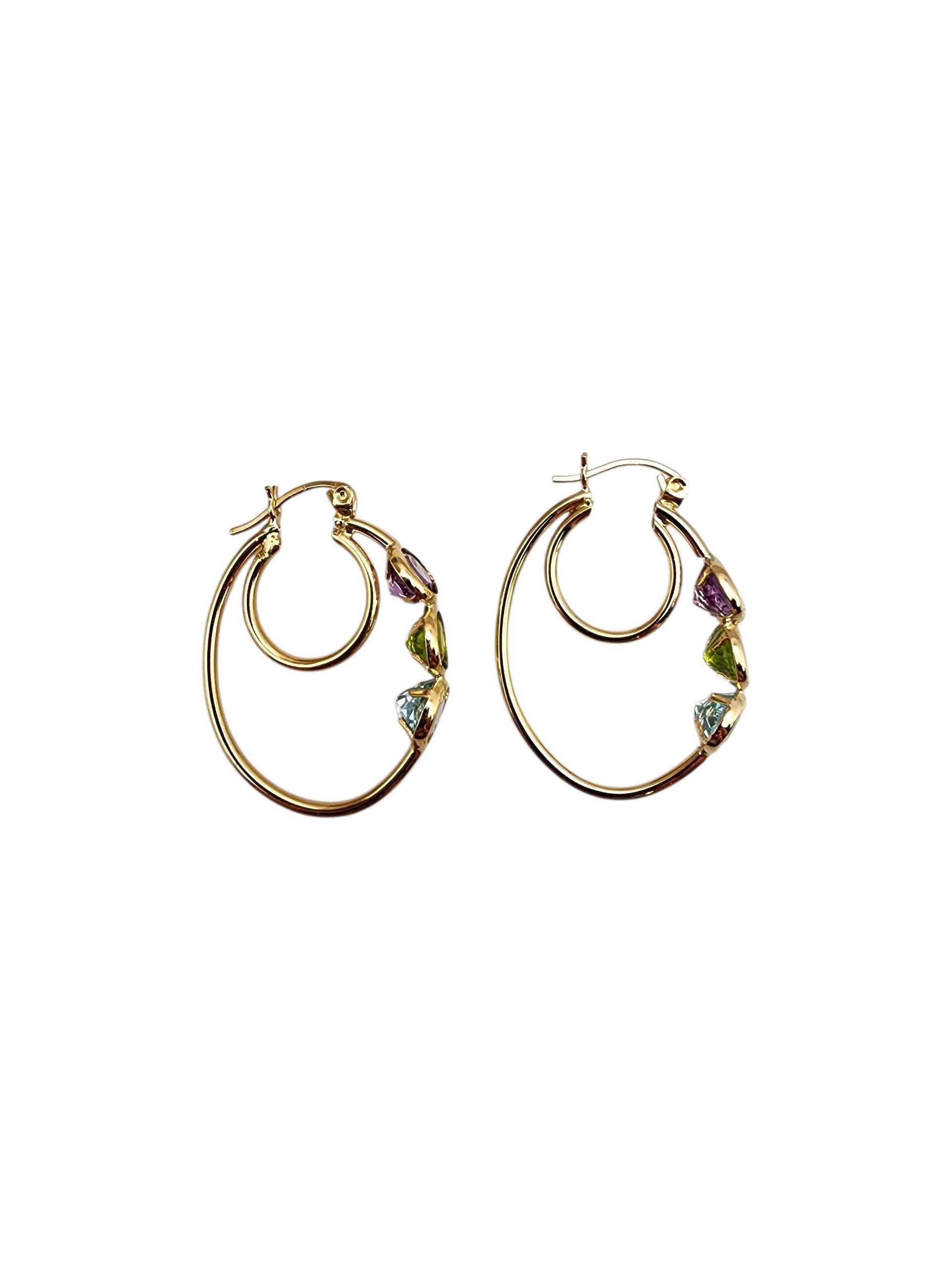 Pendientes de aro de oro amarillo de 14 quilates con piedras de colores #22711 en Bueno estado para la venta en Washington Depot, CT