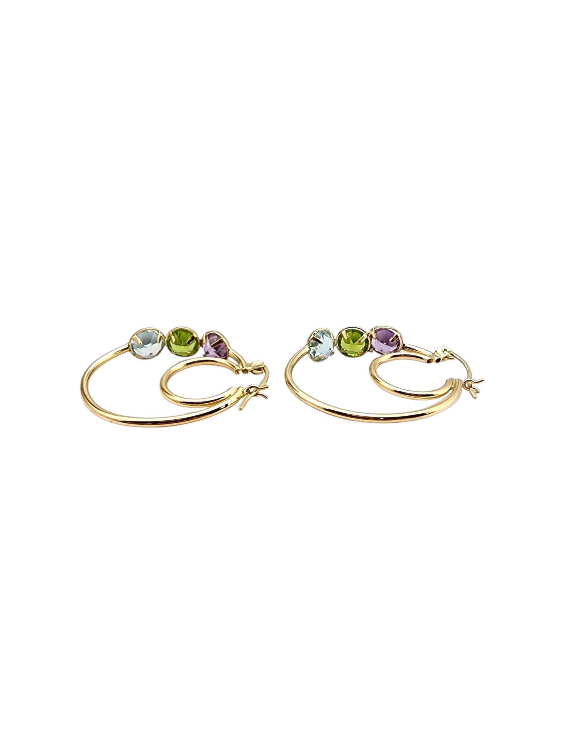 Pendientes de aro de oro amarillo de 14 quilates con piedras de colores #22711 en venta 1