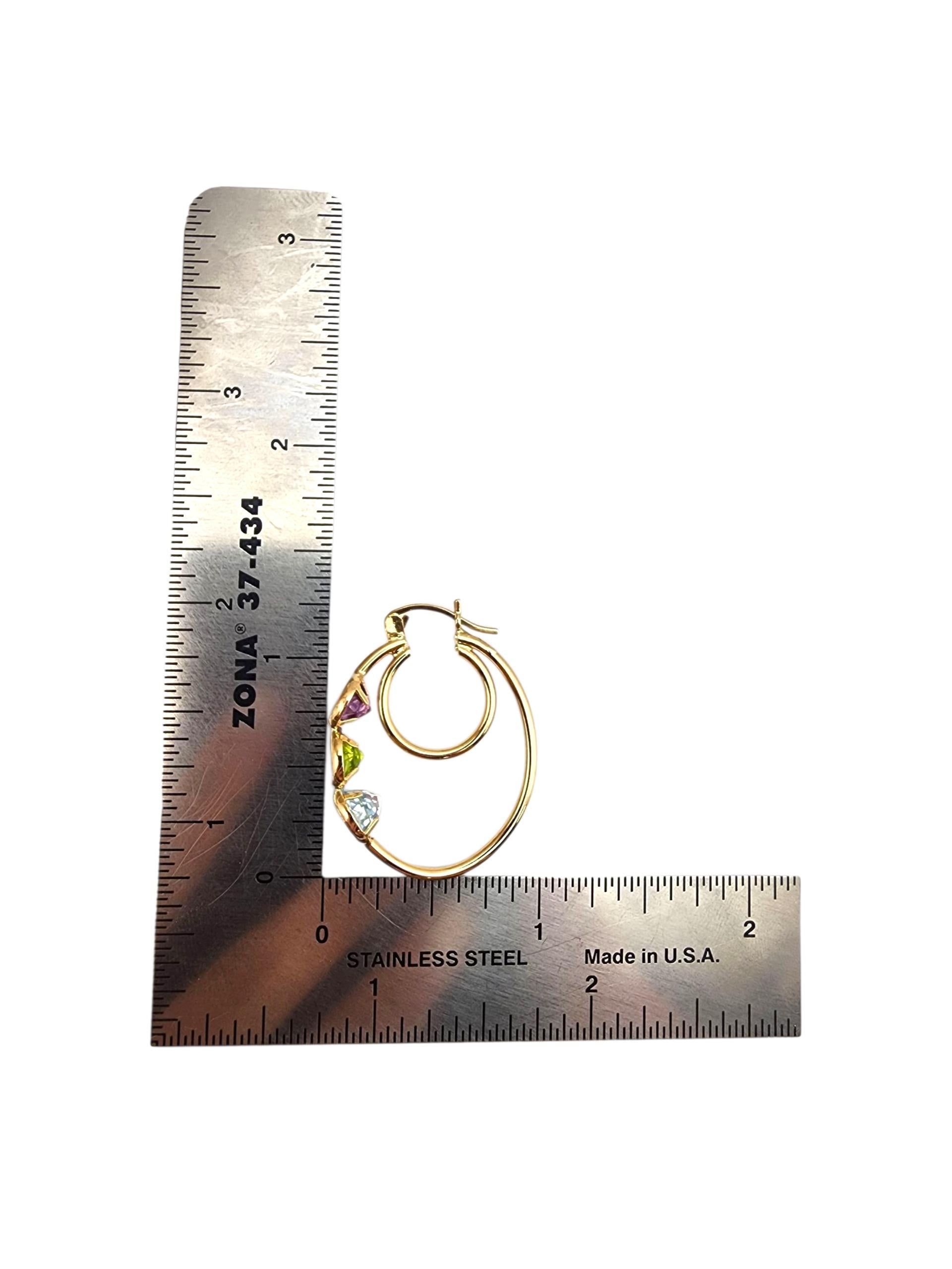 Pendientes de aro de oro amarillo de 14 quilates con piedras de colores #22711 en venta 3