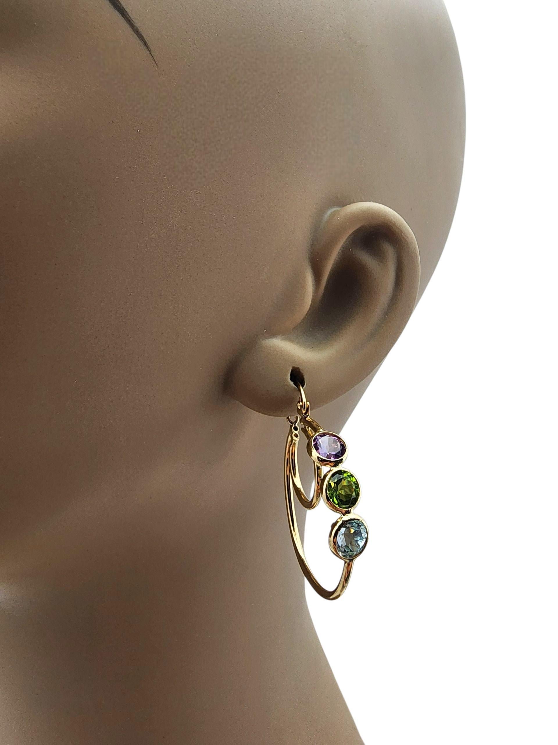 Pendientes de aro de oro amarillo de 14 quilates con piedras de colores #22711 en venta 4