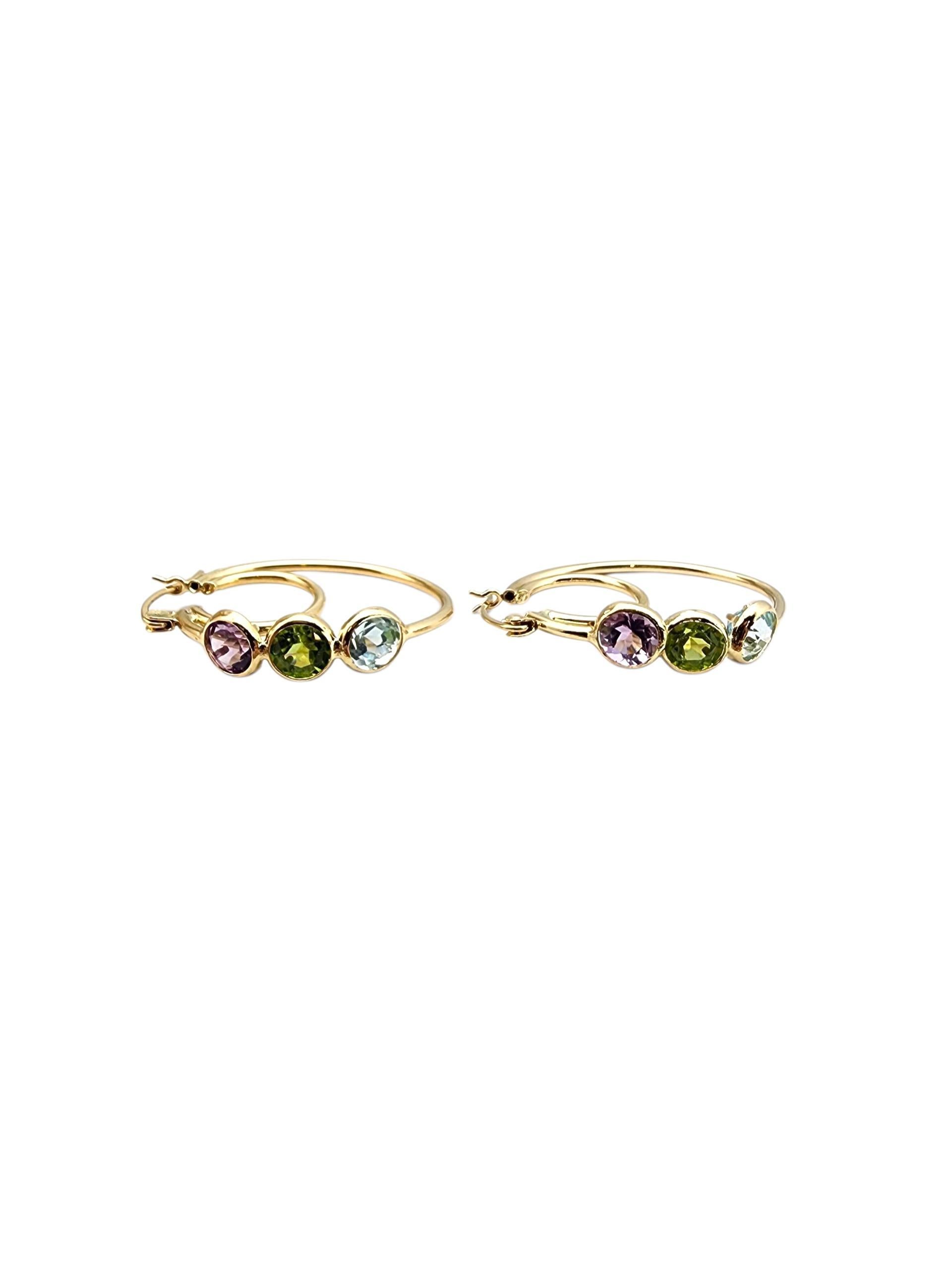 Pendientes de aro de oro amarillo de 14 quilates con piedras de colores #22711 en venta