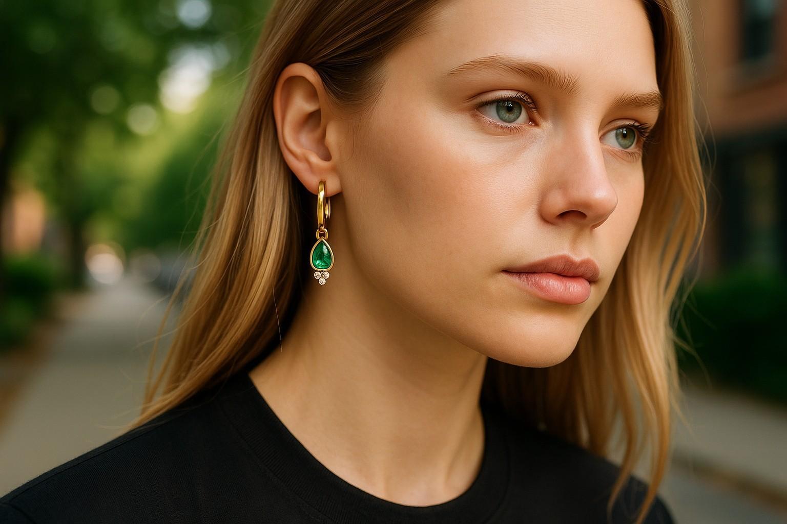 Fabricados a mano en el corazón del legendario distrito de los diamantes de Nueva York, estos pendientes de aro de palanca europeos de oro amarillo de 14 quilates muestran la elegancia de la joyería de piedras preciosas finas. Suspendidas con gracia