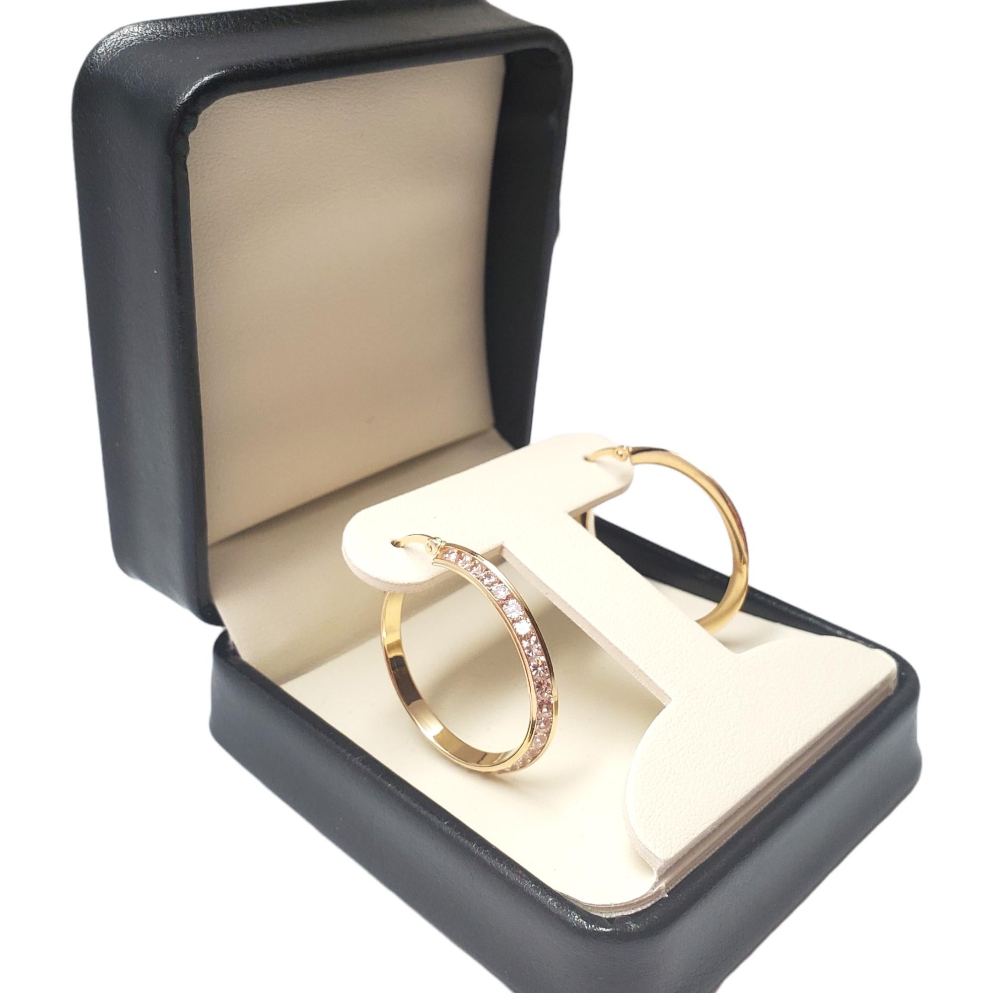 Women's or Men's 14K Yellow Gold Hoops with Clear Stone For Sale