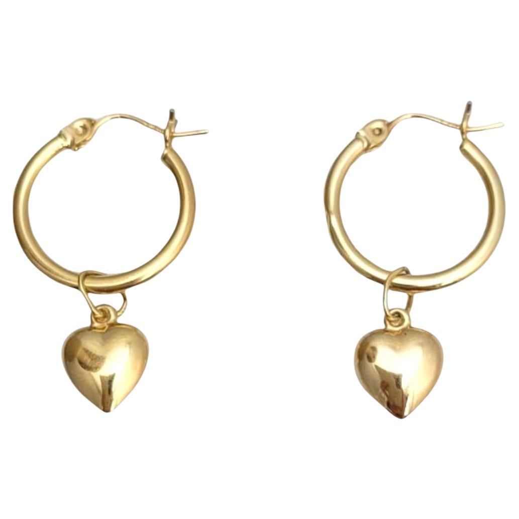 14K Yellow Gold Hoops with Heart Dangle Earrings #21642