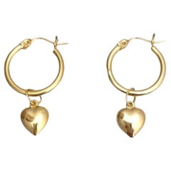 14K Yellow Gold Hoops with Heart Dangle Earrings #21642