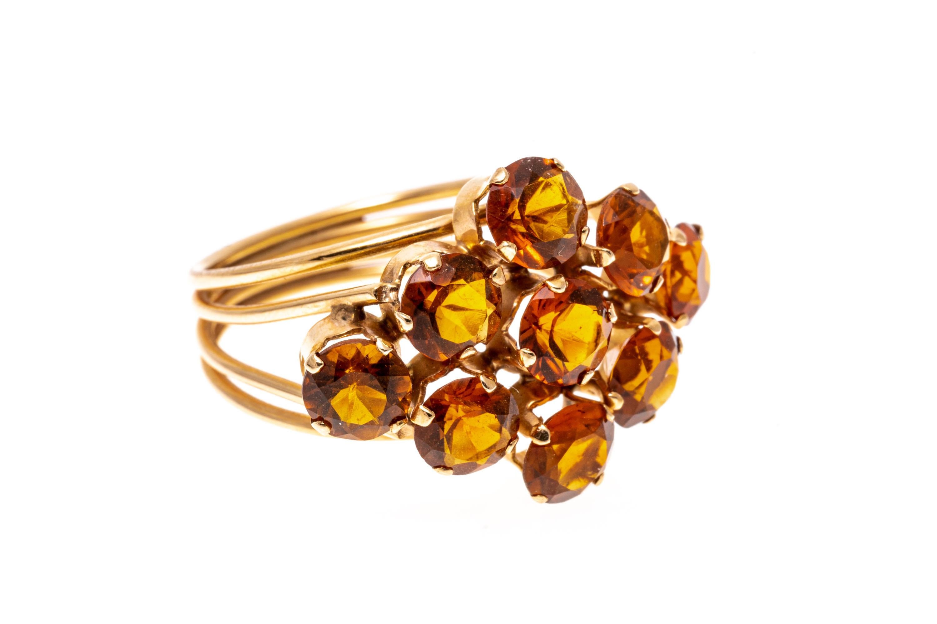 Contemporary 14k Yellow Gold Horiztonal Diamond Shaped Orange Citrine Cluster Ring For Sale