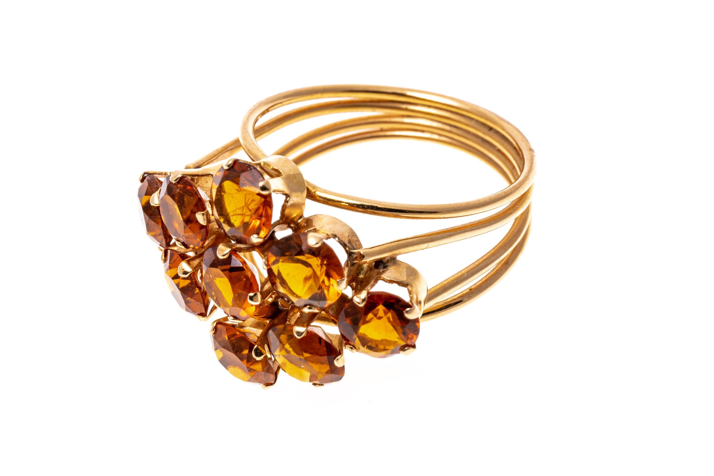 14k Yellow Gold Horiztonal Diamond Shaped Orange Citrine Cluster Ring In Good Condition For Sale In Southport, CT