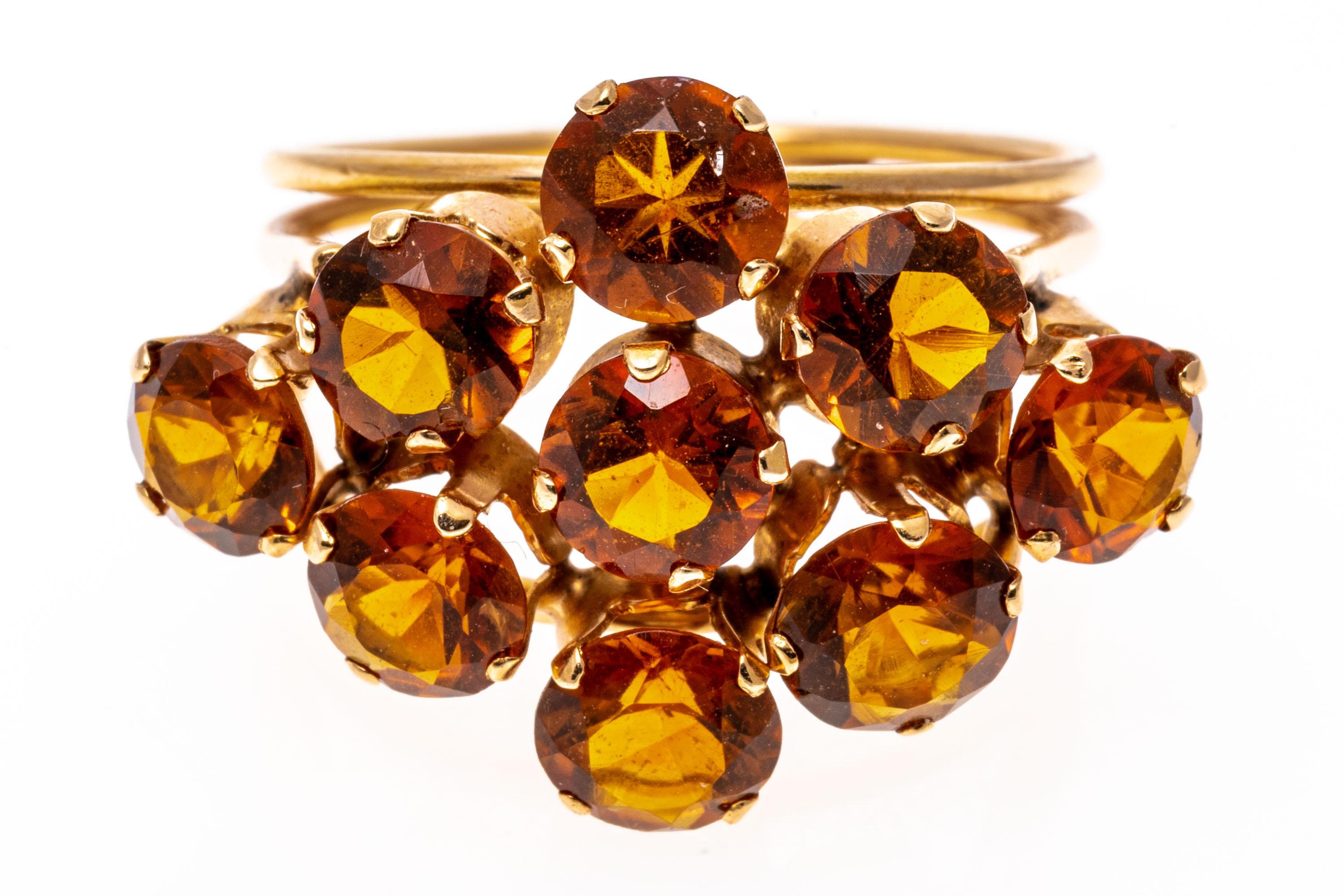 Women's 14k Yellow Gold Horiztonal Diamond Shaped Orange Citrine Cluster Ring For Sale