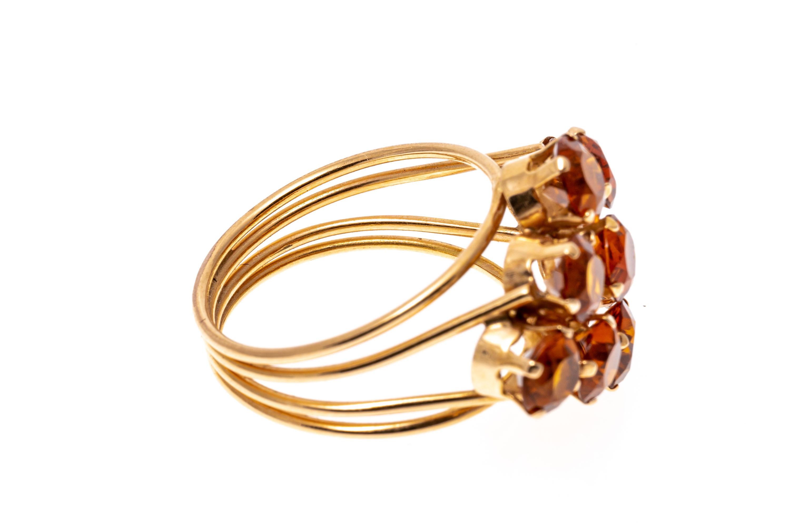14k Yellow Gold Horiztonal Diamond Shaped Orange Citrine Cluster Ring For Sale 2
