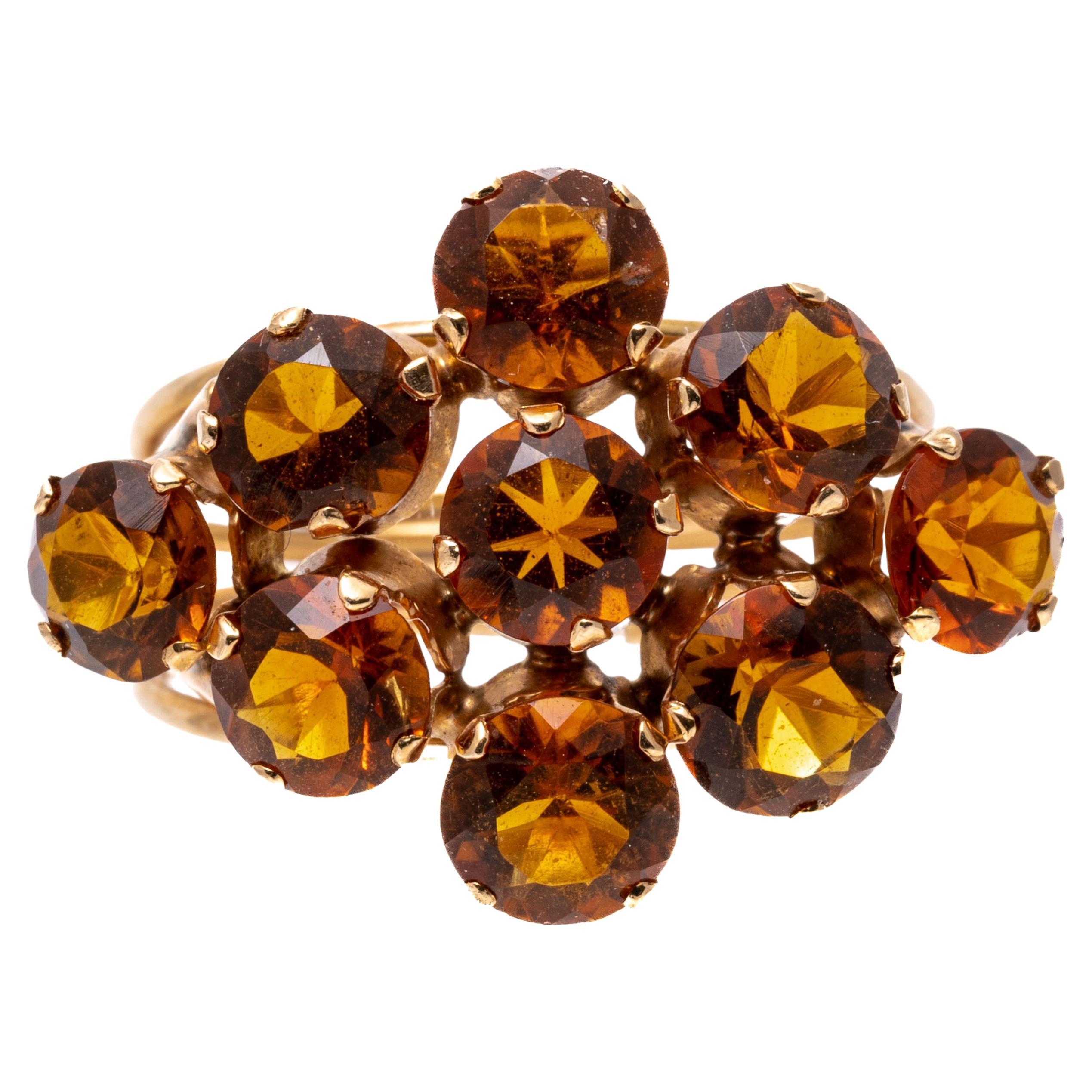 14k Yellow Gold Horiztonal Diamond Shaped Orange Citrine Cluster Ring For Sale