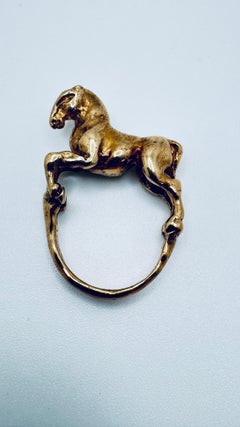 14K Yellow Gold Horse Motif Ring, Art Deco, Size 5, 10.1g, 1980s