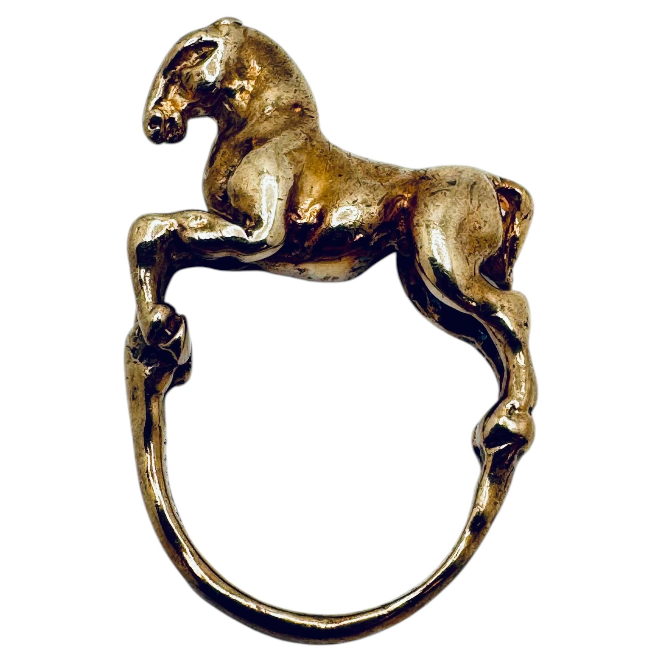 14K Gelbgold Pferdemotiv-Ring, Art Deco, Größe 5, 10,1g, 1980er