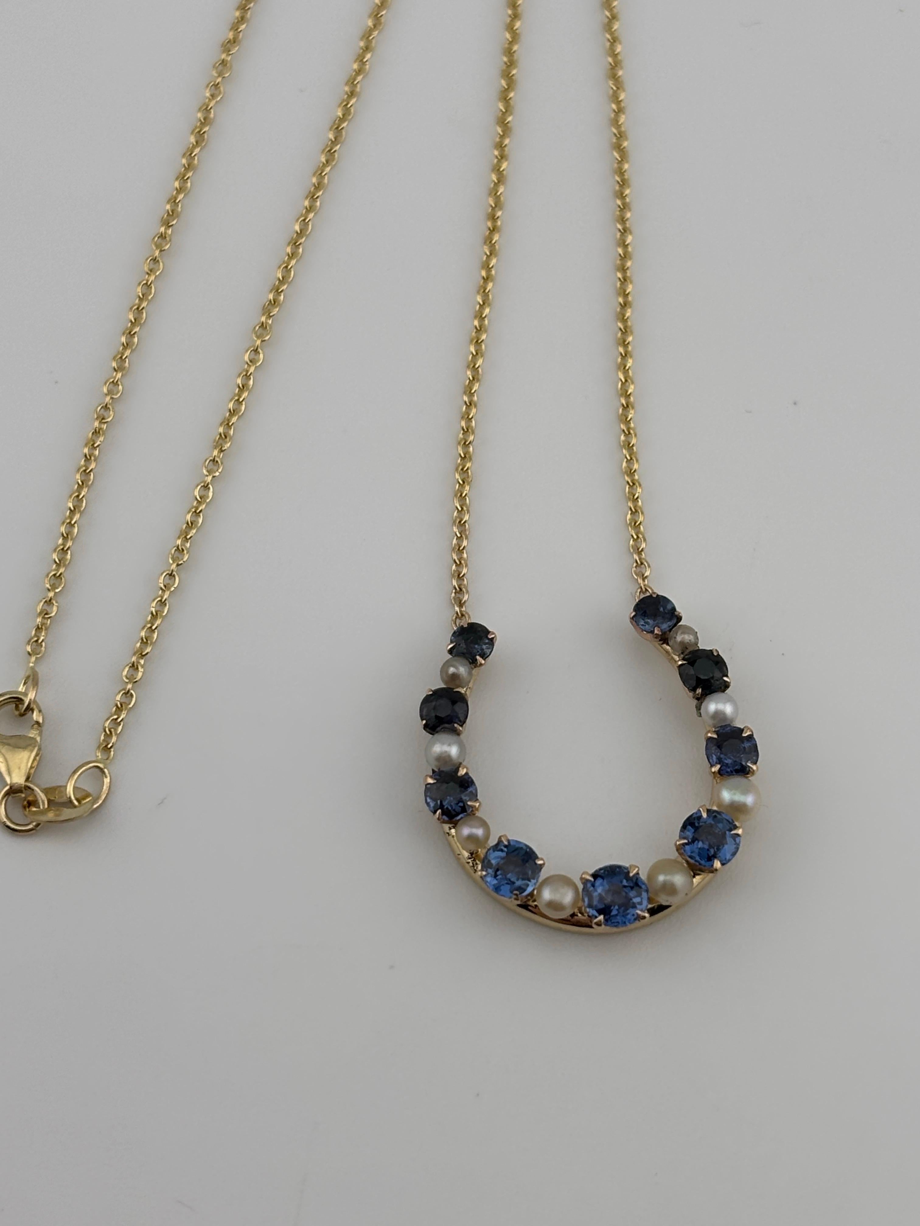 14k Yellow Gold Horse Shoe Sapphire & Pearl Necklace For Sale 5
