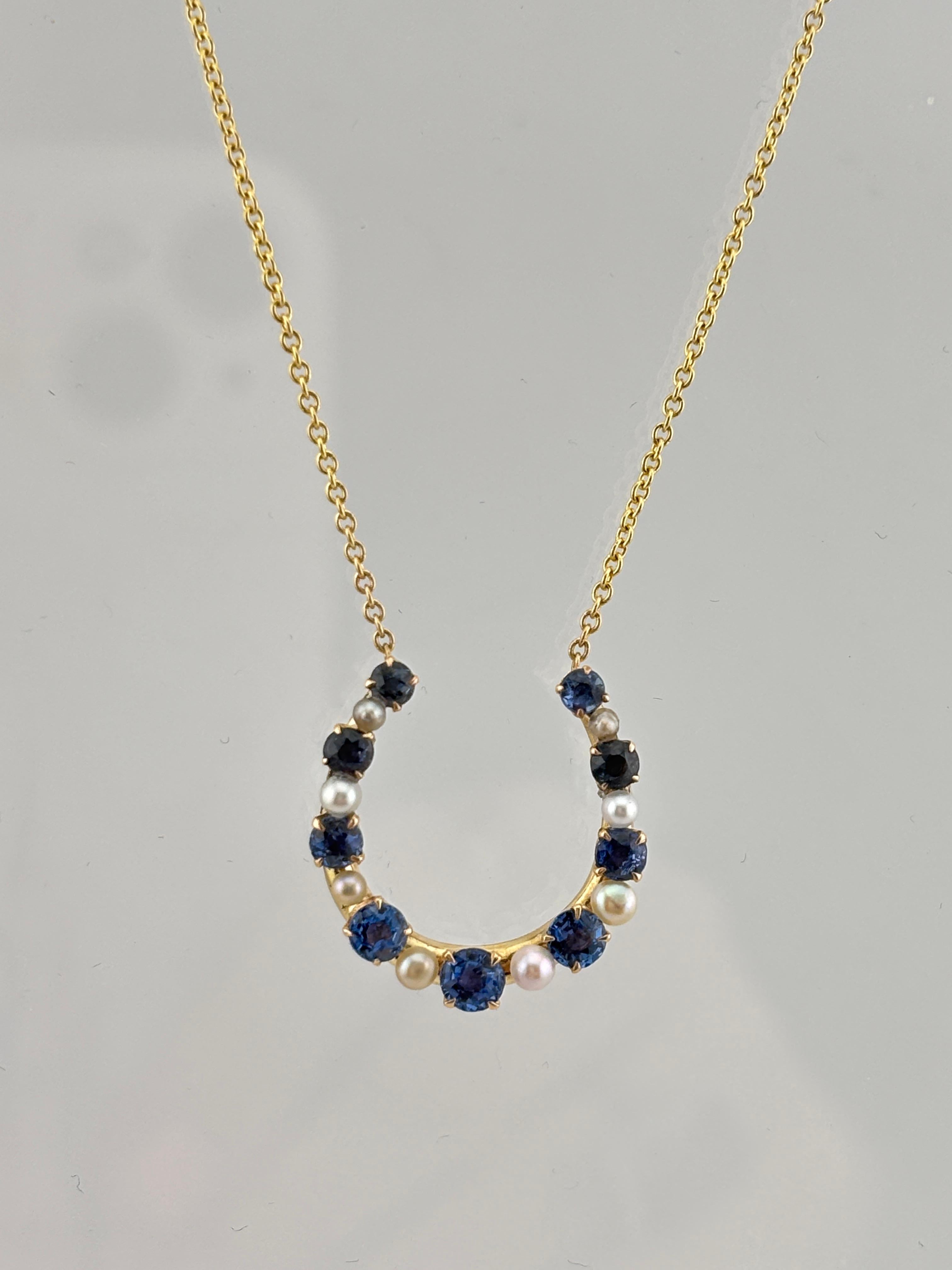 14k Yellow Gold Horse Shoe Sapphire & Pearl Necklace For Sale 6