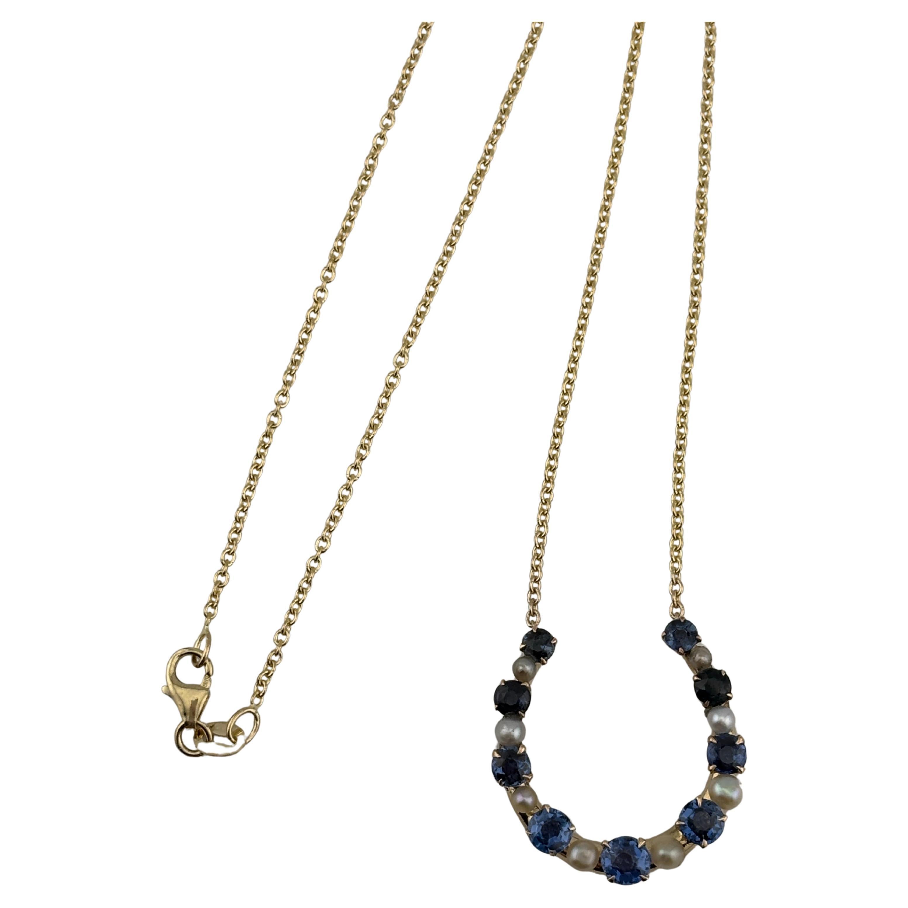 Material: 14k yellow gold
Weight: 5 grams
Gemstone: Sapphire 1.40cttw
Pearl diameter 3mm biggest pearl
Necklace length: 18.25 inches
Pendant dimensions: 22.8 mm x 20mm x 4.7 mm

Beautiful, classy necklace for all horse lovers as well as seekers of