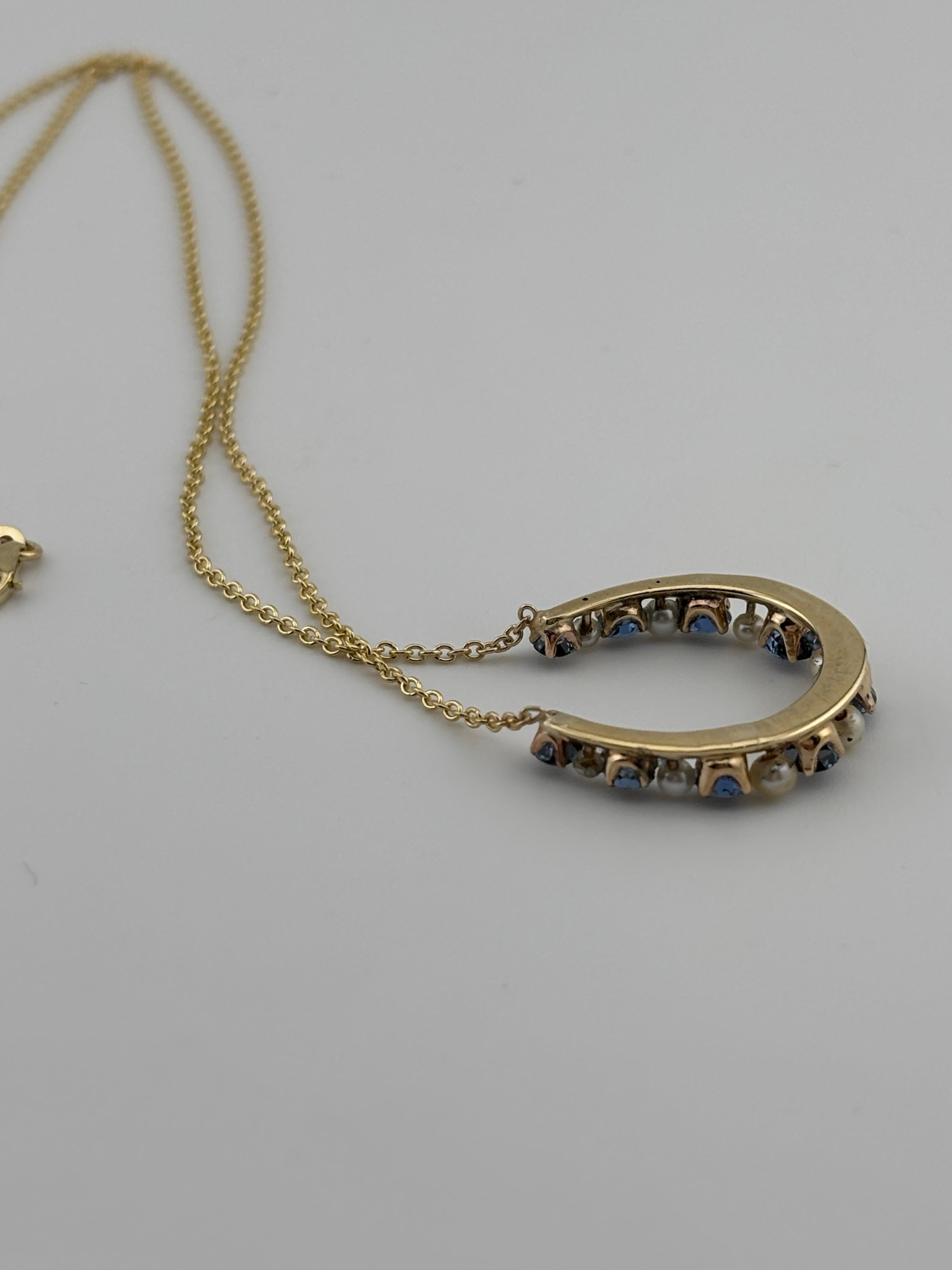 Women's or Men's 14k Yellow Gold Horse Shoe Sapphire & Pearl Necklace For Sale