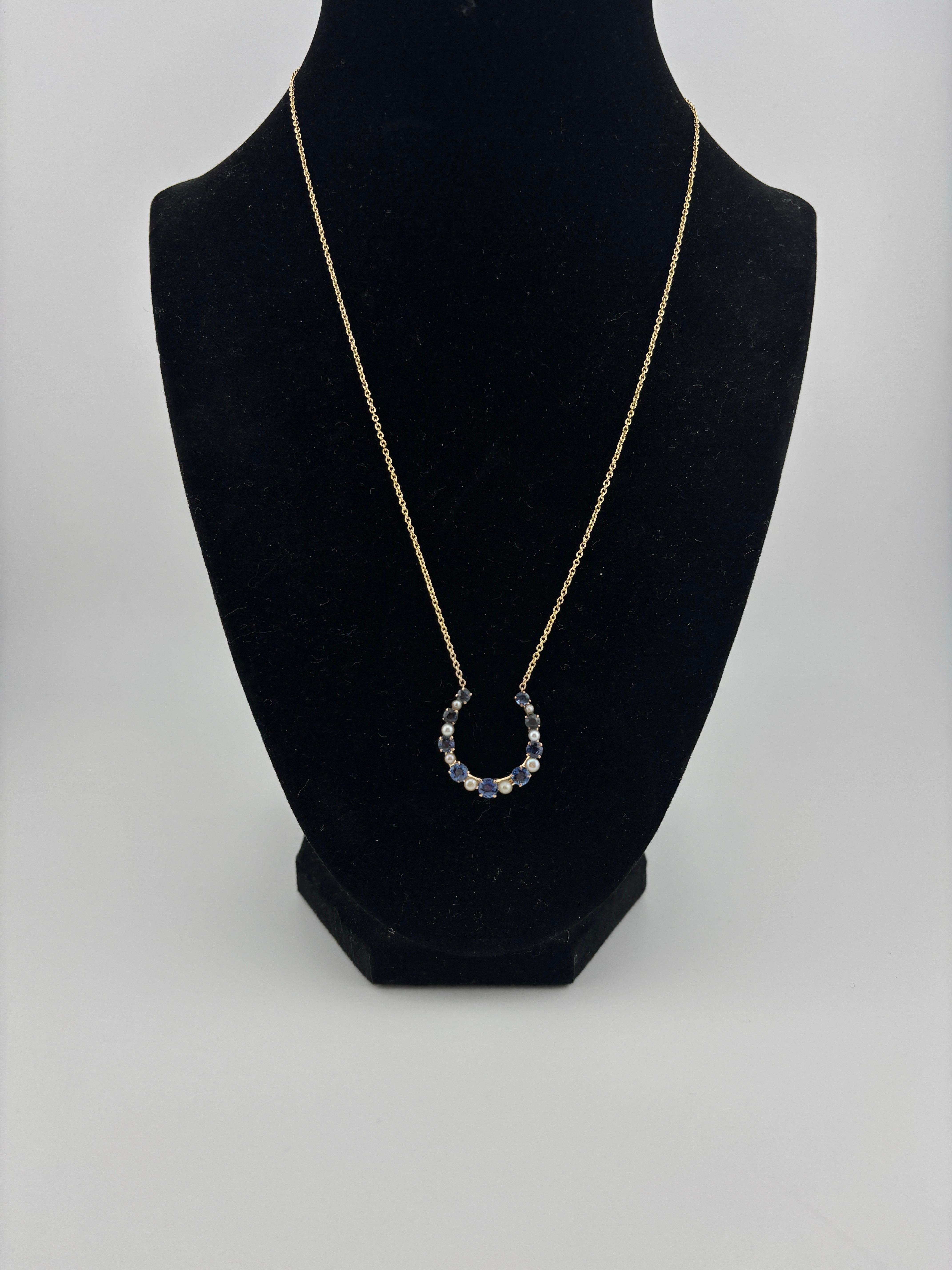 14k Yellow Gold Horse Shoe Sapphire & Pearl Necklace For Sale 2