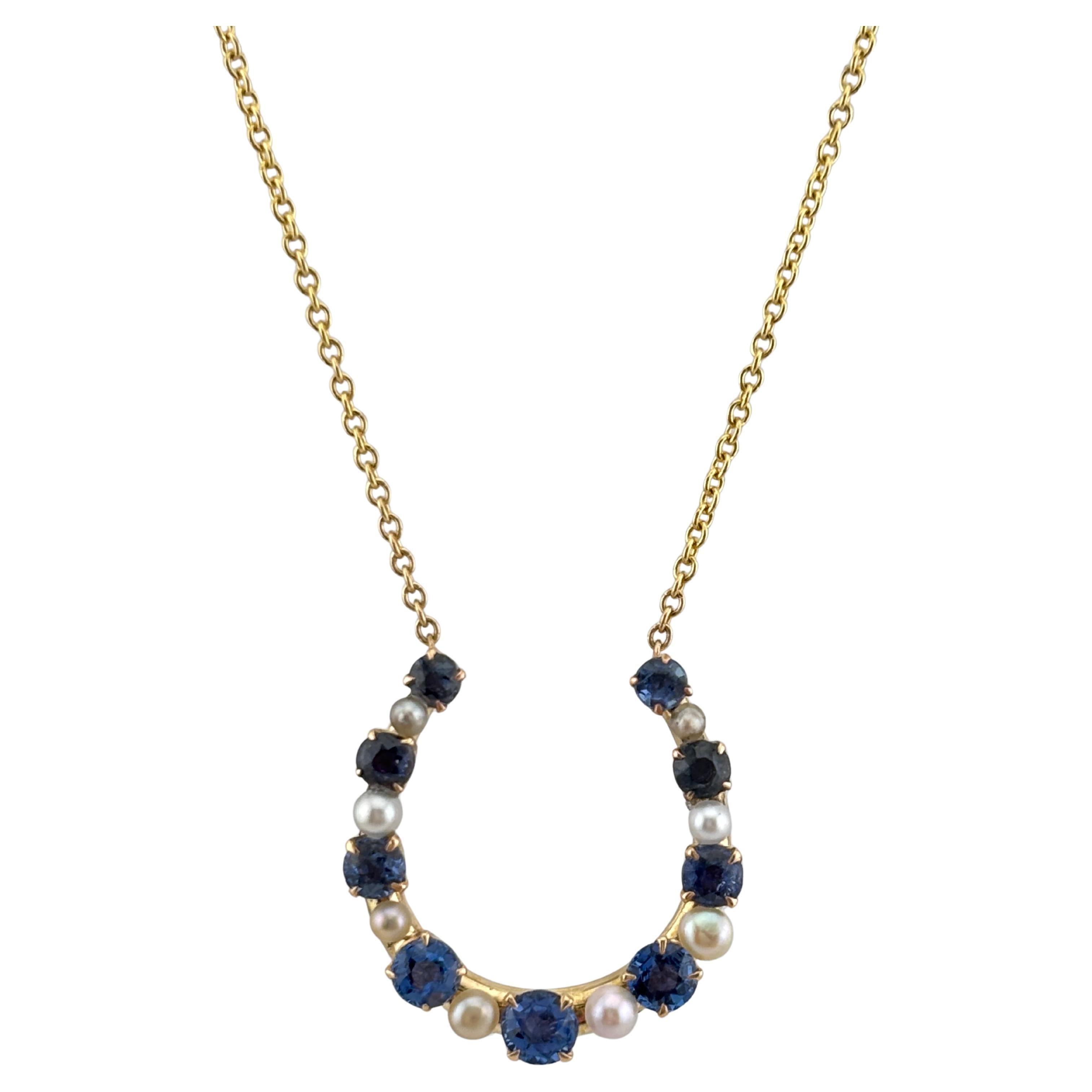 14k Yellow Gold Horse Shoe Sapphire & Pearl Necklace For Sale