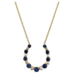 Vintage 14k Yellow Gold Horse Shoe Sapphire & Pearl Necklace