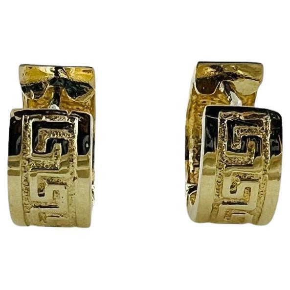 14K Yellow Gold Huggie Hoops Aztec Design #17020 For Sale