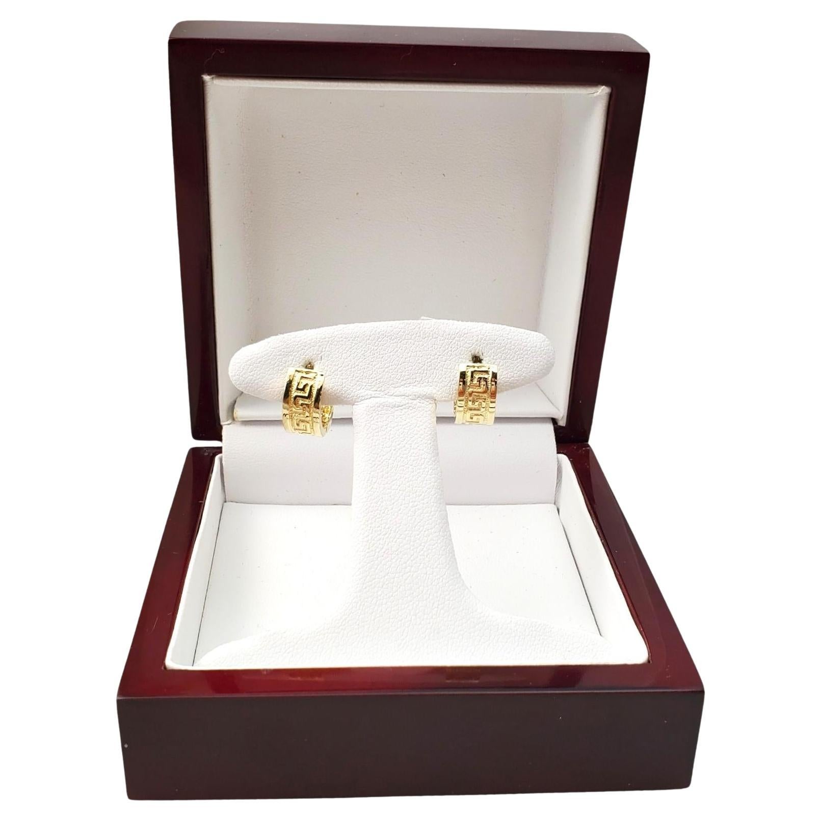 14K Yellow Gold Huggie Hoops Aztec Design #24296 For Sale