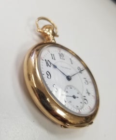 14k Yellow Gold Illinois Open Face Hand Engraved Pocket Watch with White Dial