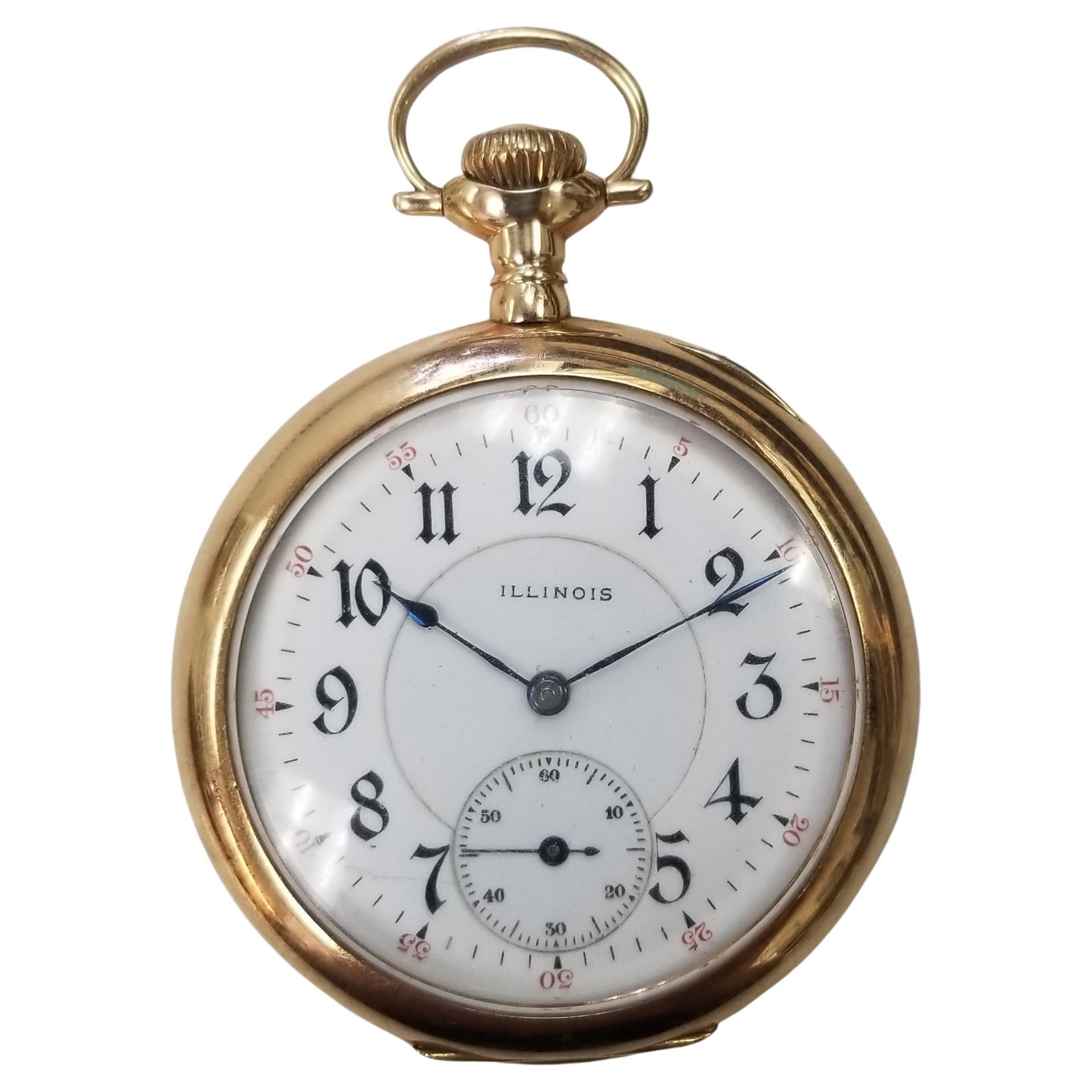 14k Yellow Gold Illinois Open Face Hand Engraved Pocket Watch with White Dial For Sale