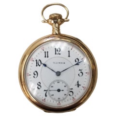 14k Yellow Gold Illinois Open Face Hand Engraved Pocket Watch with White Dial