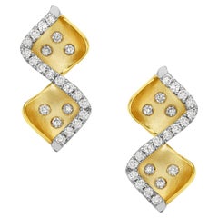 14k Yellow Gold Illusional Zig Zag Shaped Earrings with Diamonds on Border