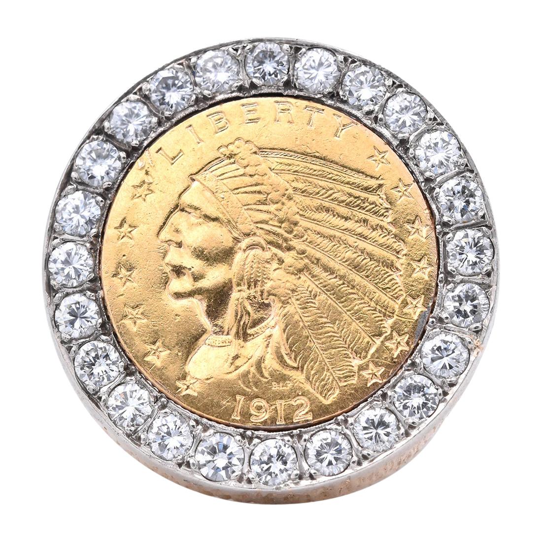 14 Karat Yellow Gold Indian $2.50 Coin Diamond Bezel Set Ring