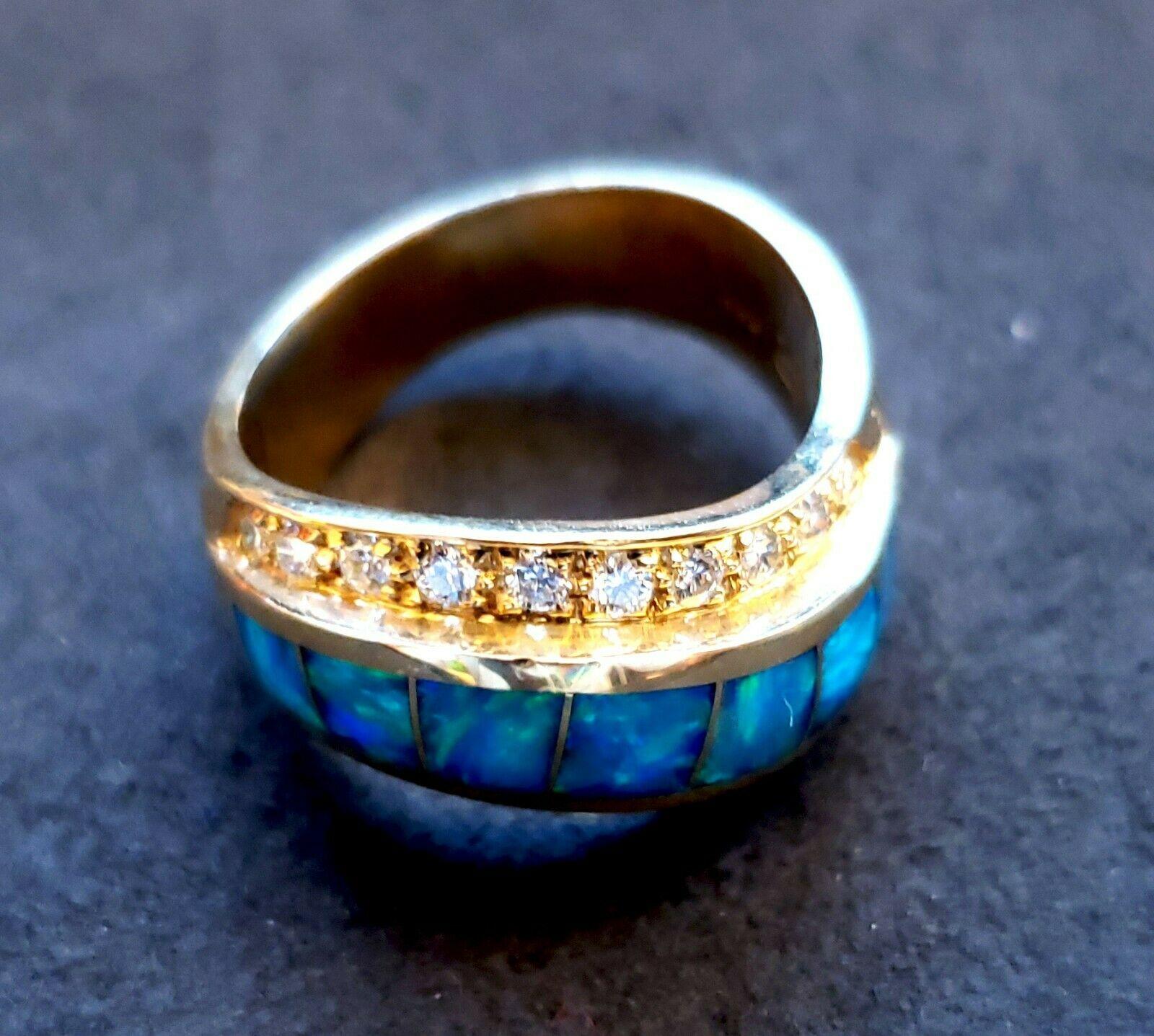 Baguette Cut 14 Karat Yellow Gold Inlaid Dublet Opal Ring It Consists of 7 Square Opals Lined