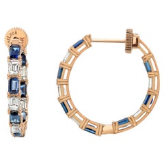 14K Yellow Gold Inside-Out Hoop Earrings with Baguette Sapphires and Diamonds