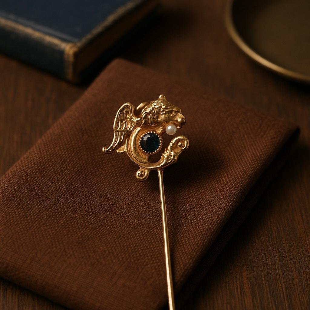 Retro 14K Yellow Gold Intricately Coiled Fish Brooch with Sapphire in his Mouth For Sale