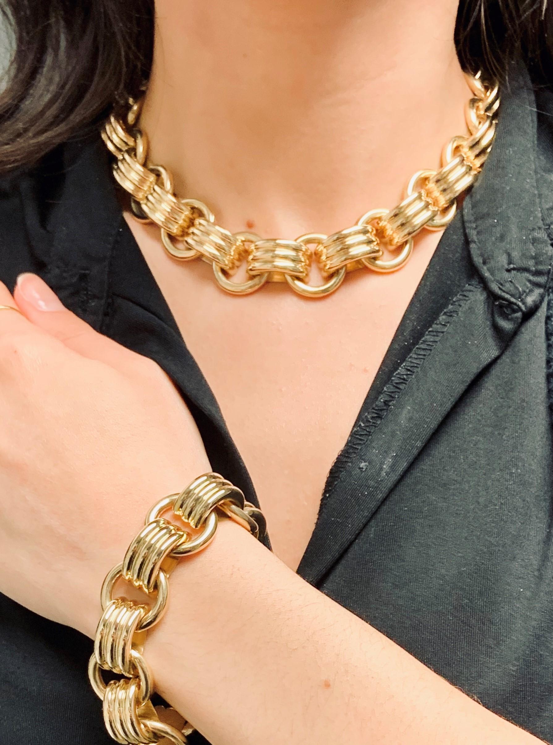 Women's 14 Karat Yellow Gold Italian Gold Custom Link Necklace and Bracelet