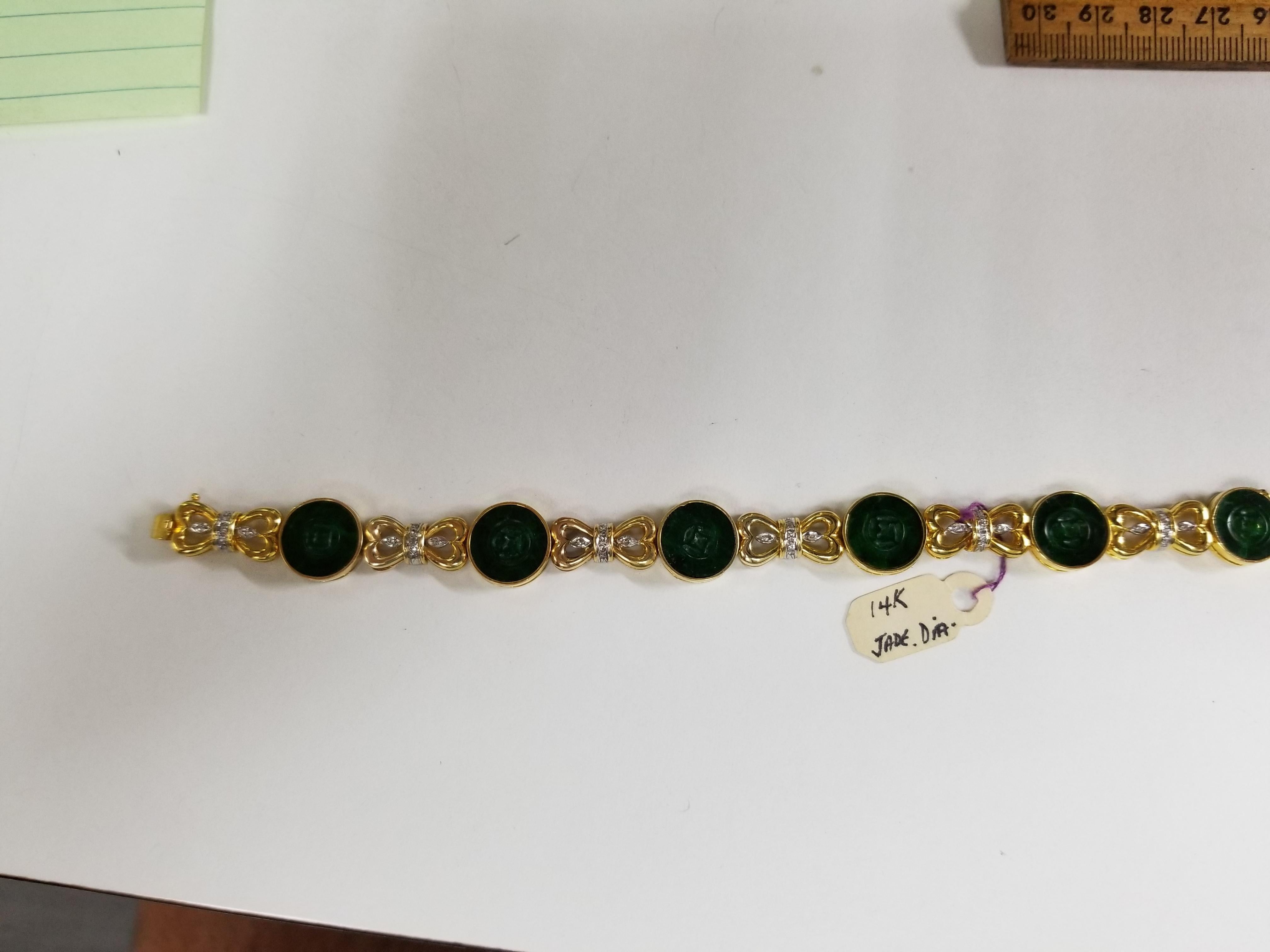 Contemporary 14 Karat Gold Jade and Diamond Bracelet with 42 Diamonds and 6 Button Jades P