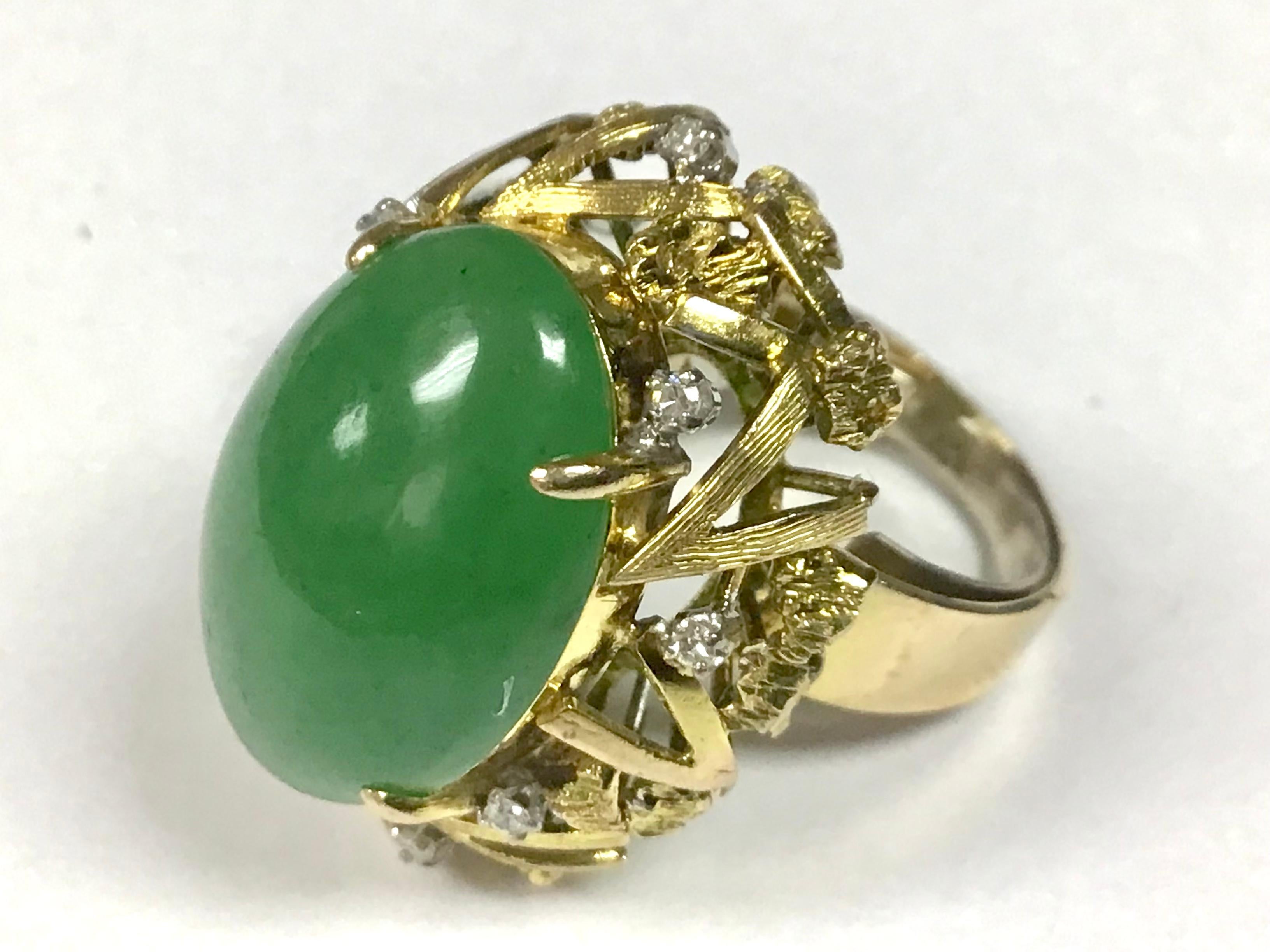Cabochon 14K Yellow Gold Jade and Diamond Cocktail Ring For Sale