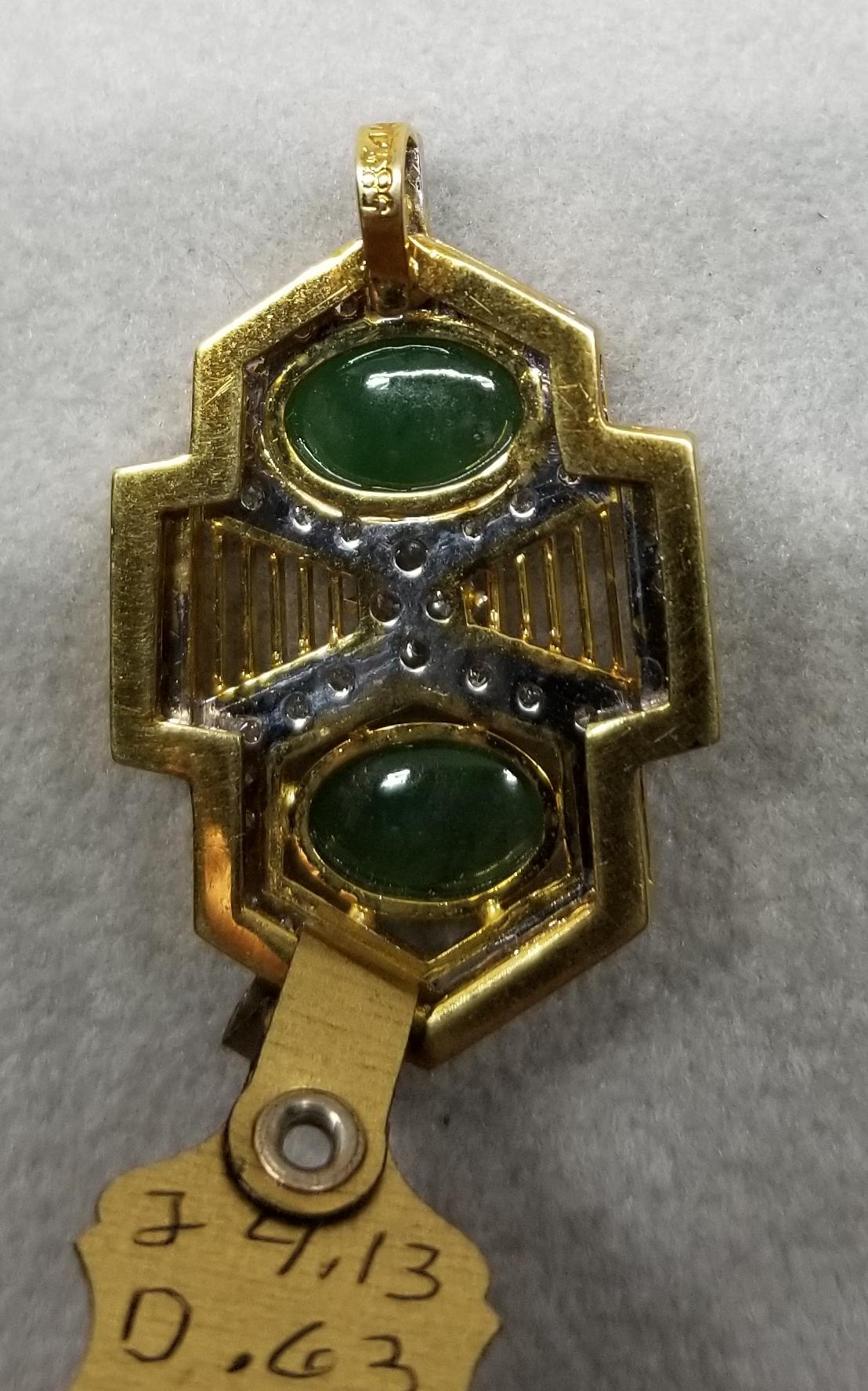 Cabochon 14 Karat Yellow Gold Jade and Diamond Pendant For Sale