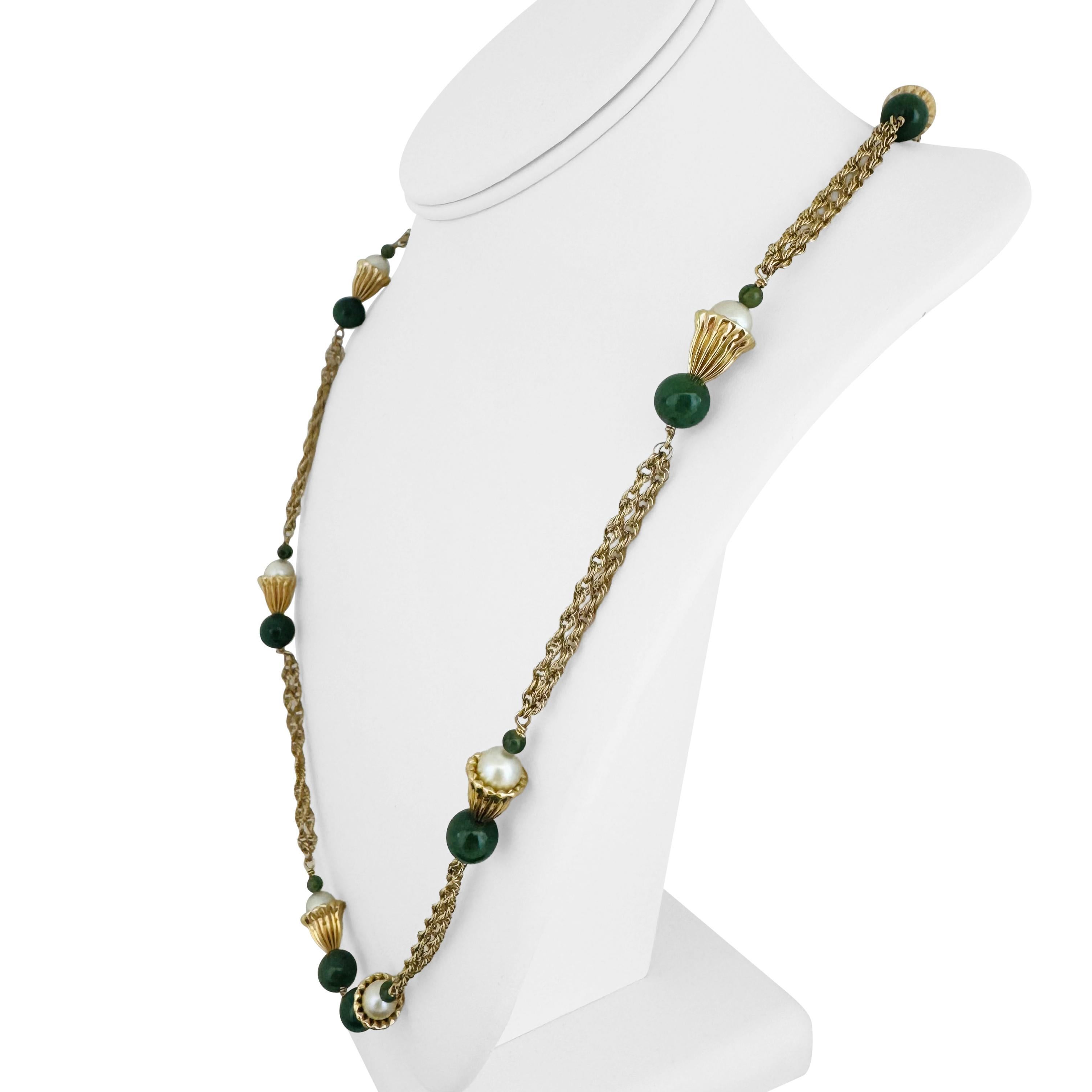 Round Cut 14k Yellow Gold Jade and Pearl 37g Ladies Long Rope Necklace 30