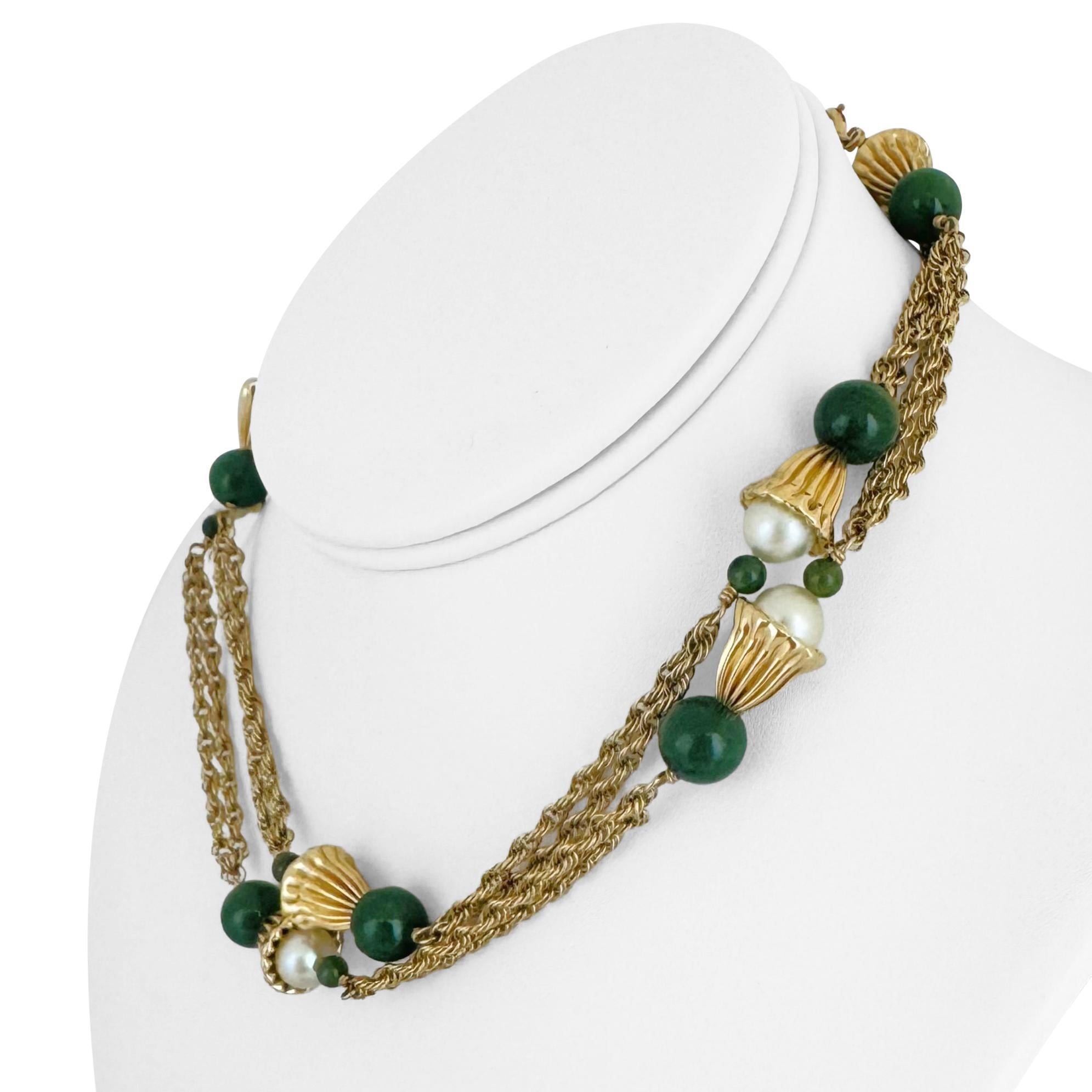 14k Yellow Gold Jade and Pearl 37g Ladies Long Rope Necklace 30