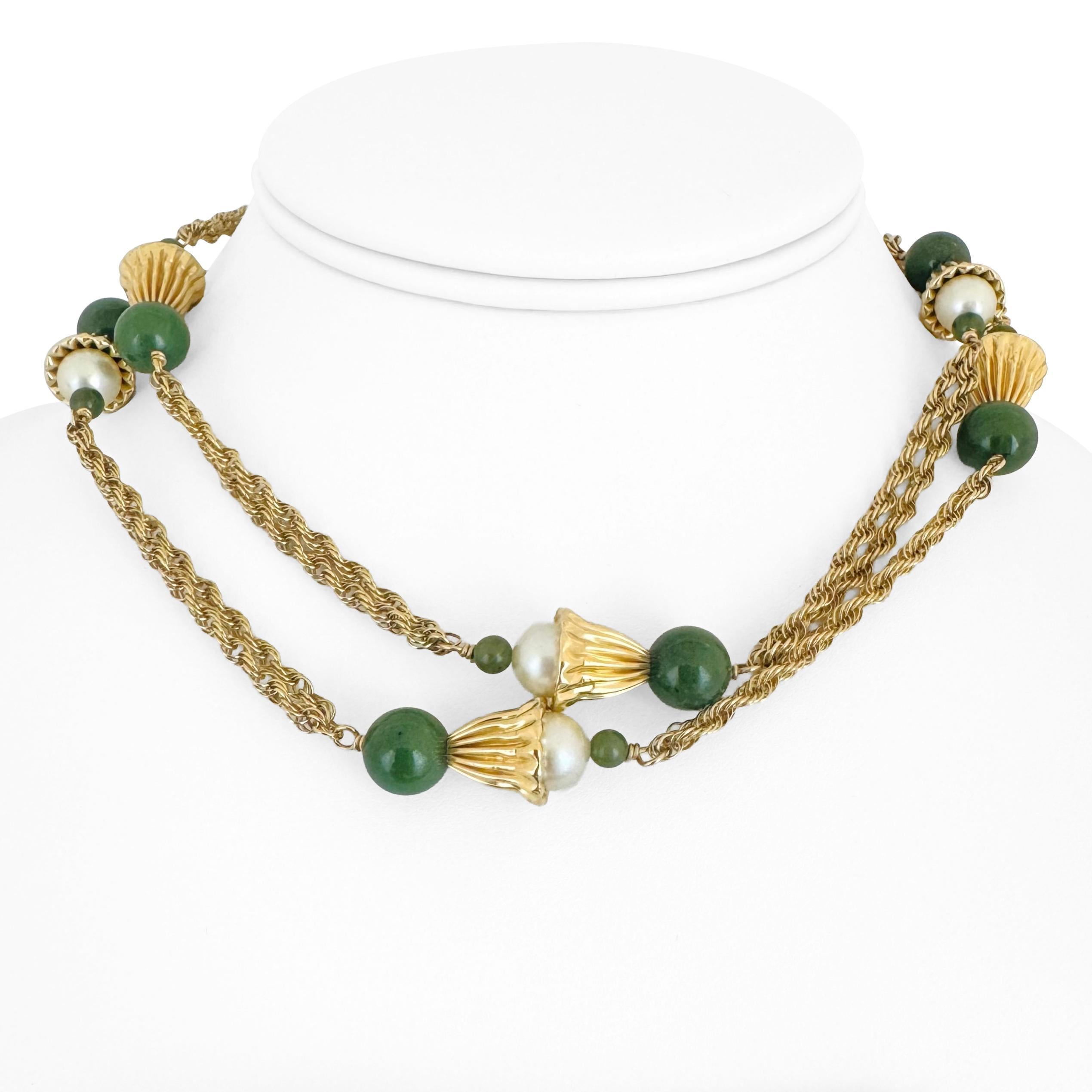 Women's 14k Yellow Gold Jade and Pearl 37g Ladies Long Rope Necklace 30