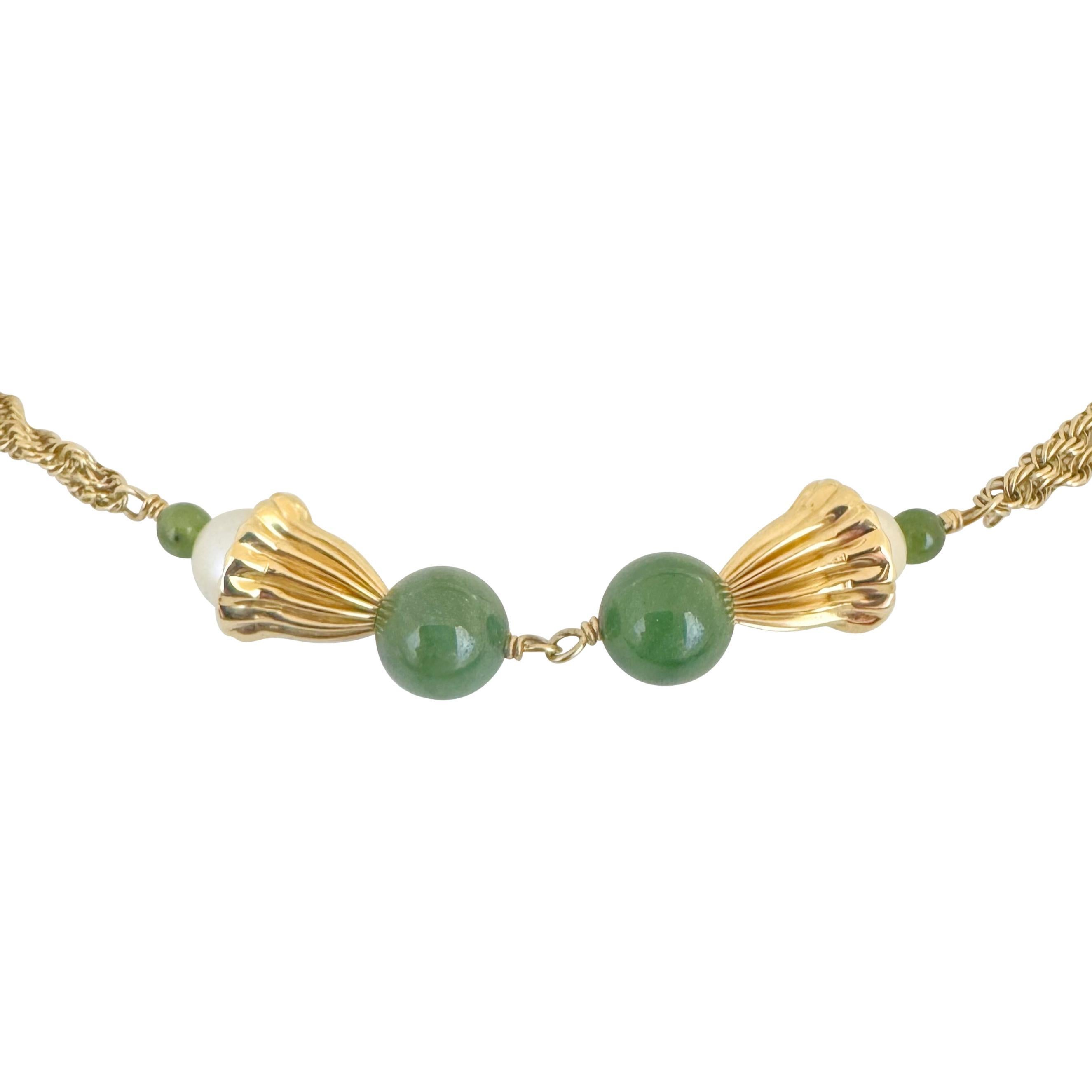 14k Yellow Gold Jade and Pearl 37g Ladies Long Rope Necklace 30