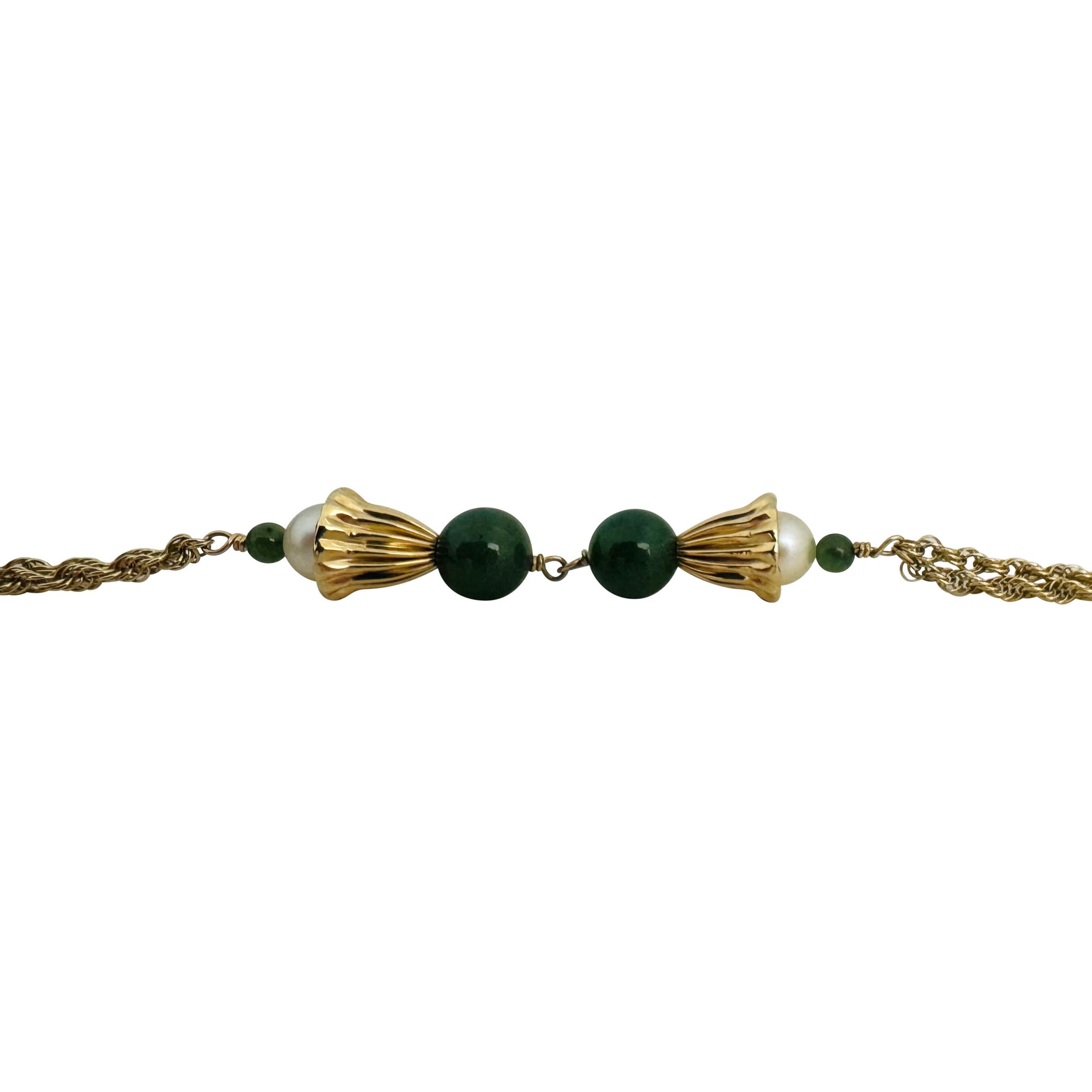 14k Yellow Gold Jade and Pearl 37g Ladies Long Rope Necklace 30