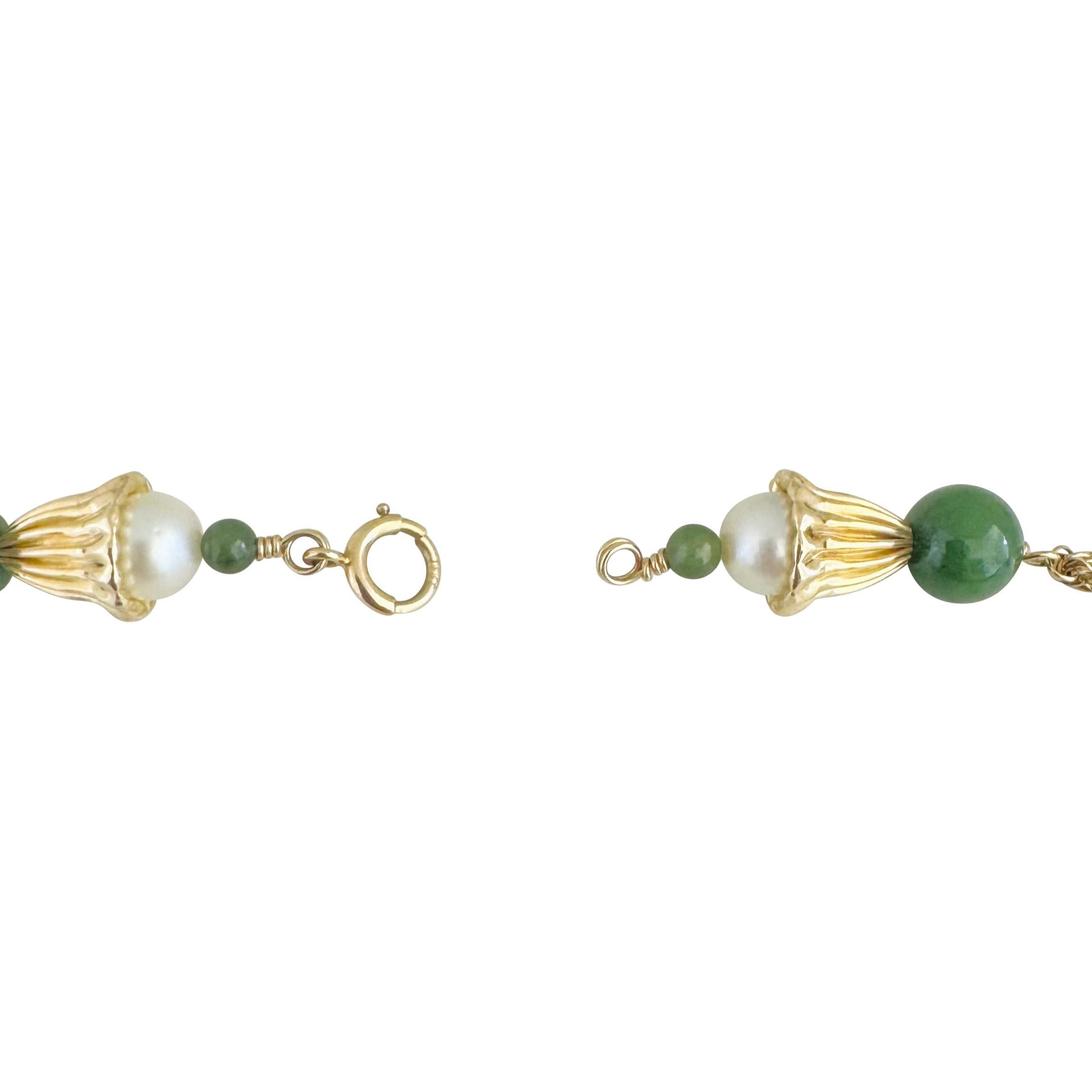 14k Yellow Gold Jade and Pearl 37g Ladies Long Rope Necklace 30