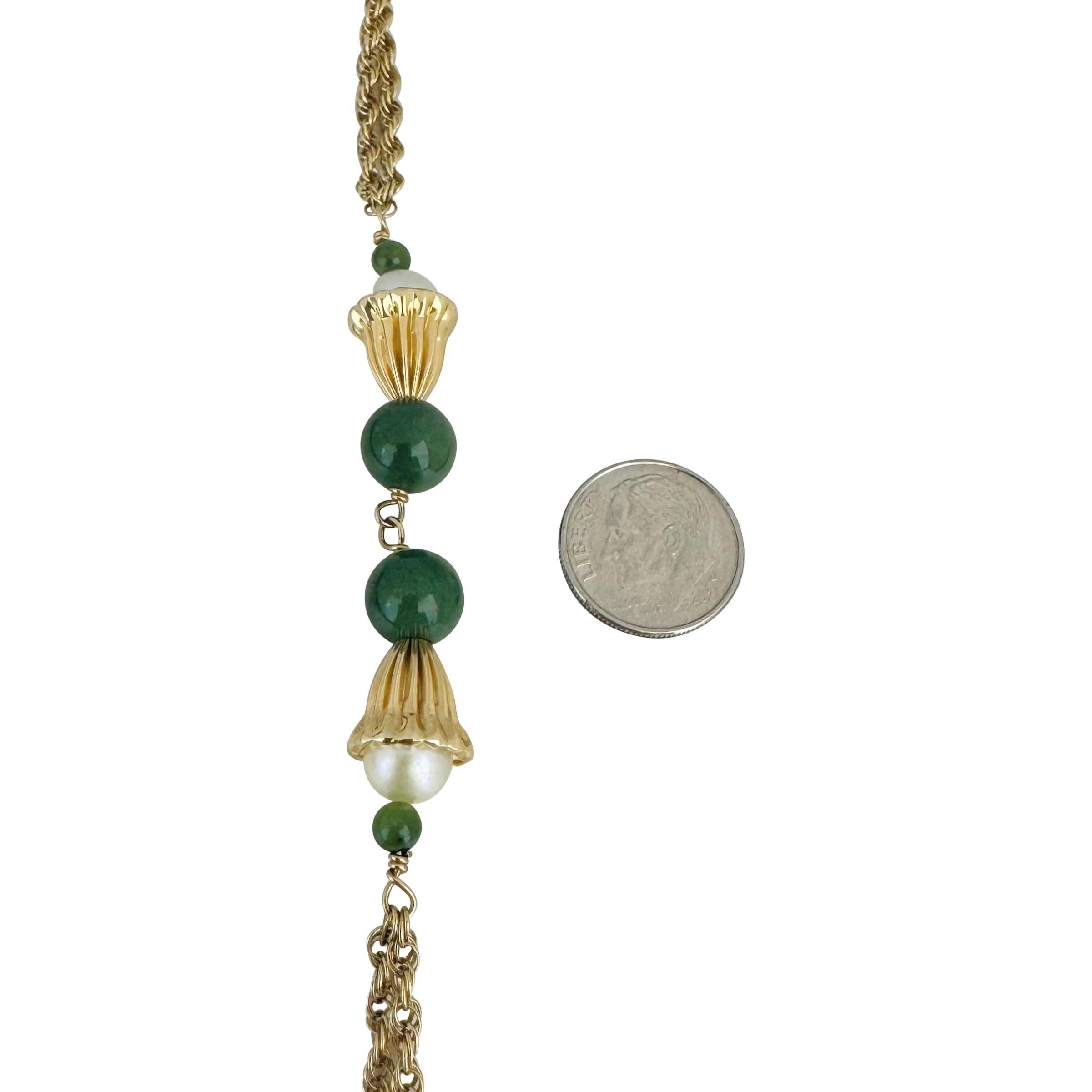 14k Yellow Gold Jade and Pearl 37g Ladies Long Rope Necklace 30