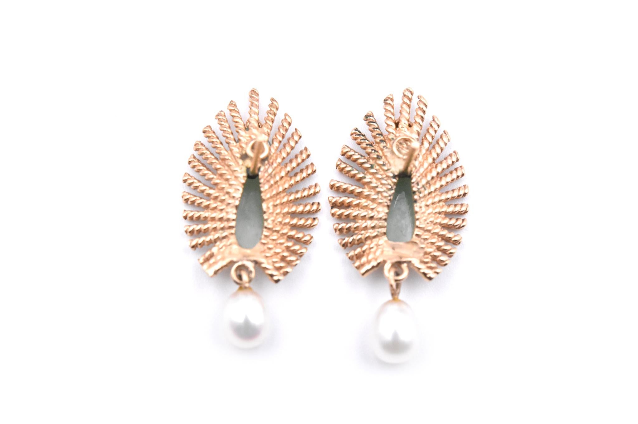 Women's or Men's 14 Karat Yellow Gold Jade and Pearl Earrings