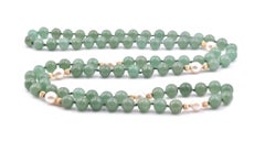 14 Karat Yellow Gold Jade Bead with Cultured Pearl Stations Necklace