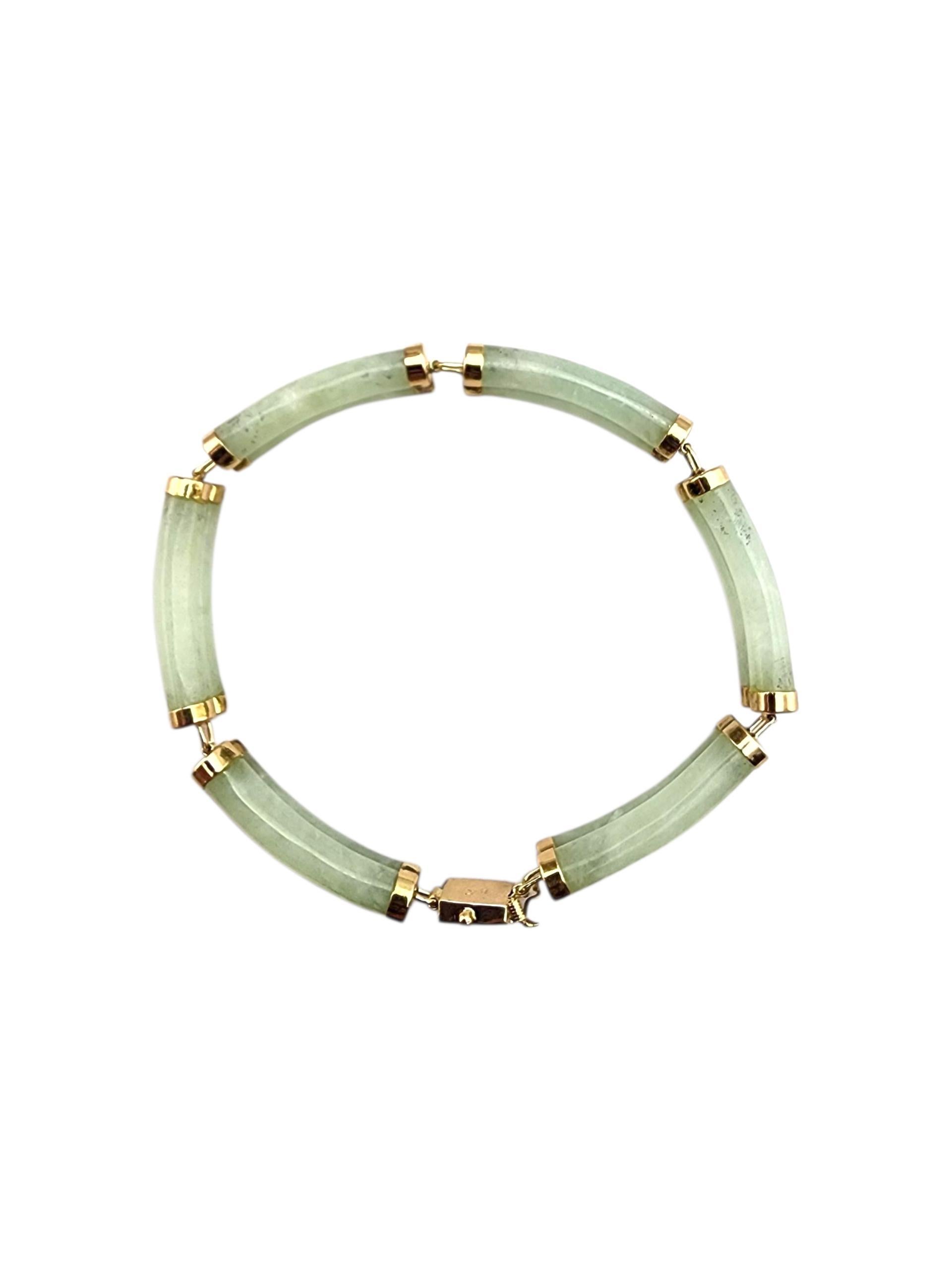 14K Yellow Gold Jade Bracelet

This stunning jade bracelet with 14k gold accents blends natural elegance with timeless luxury. Featuring rich green jade beads and polished 14k yellow gold details, it’s a meaningful and stylish piece perfect for both