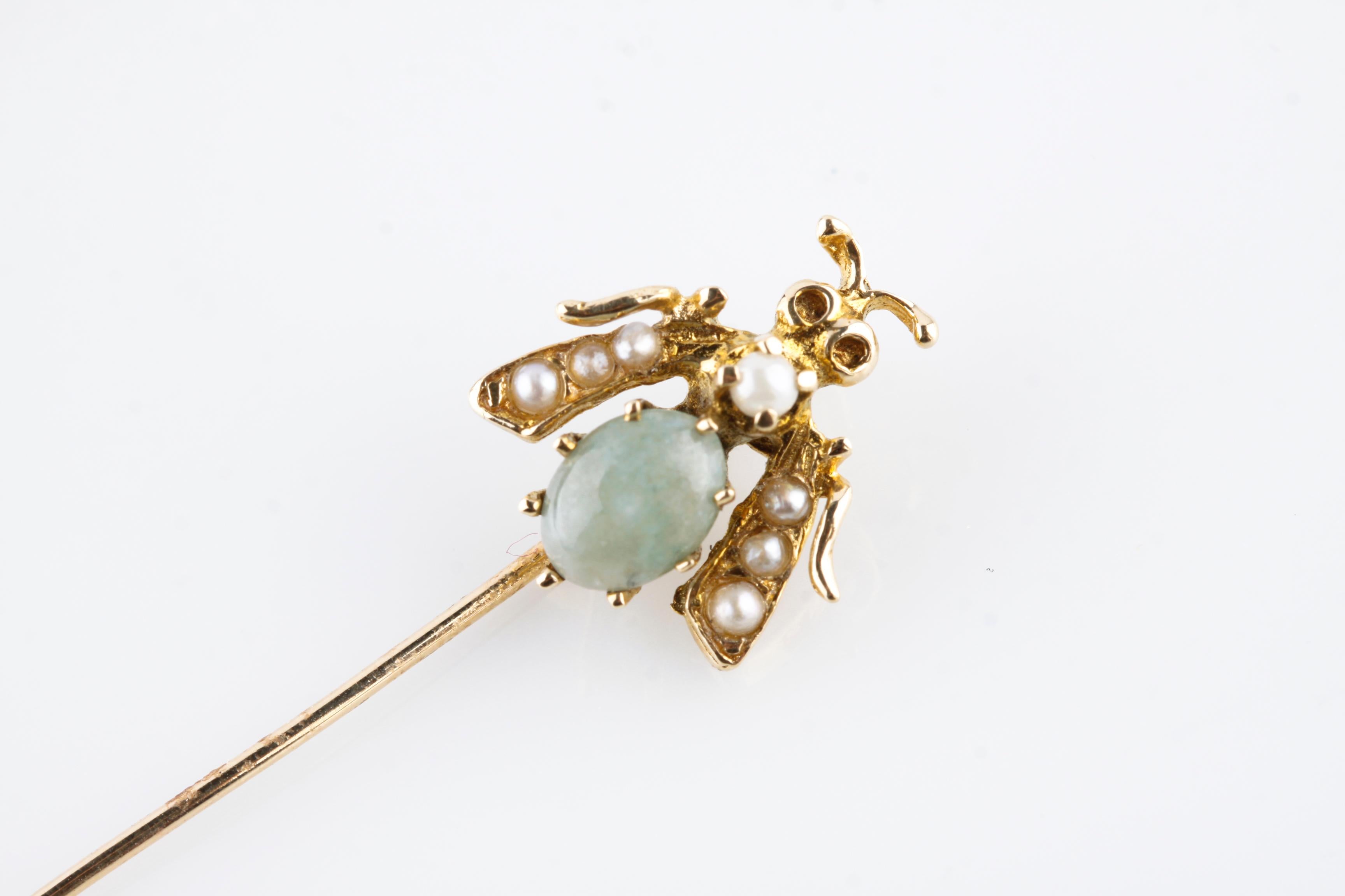 Modern 14k Yellow Gold Jade Cabochon Fly Pin with Seed Pearls Gorgeous! For Sale