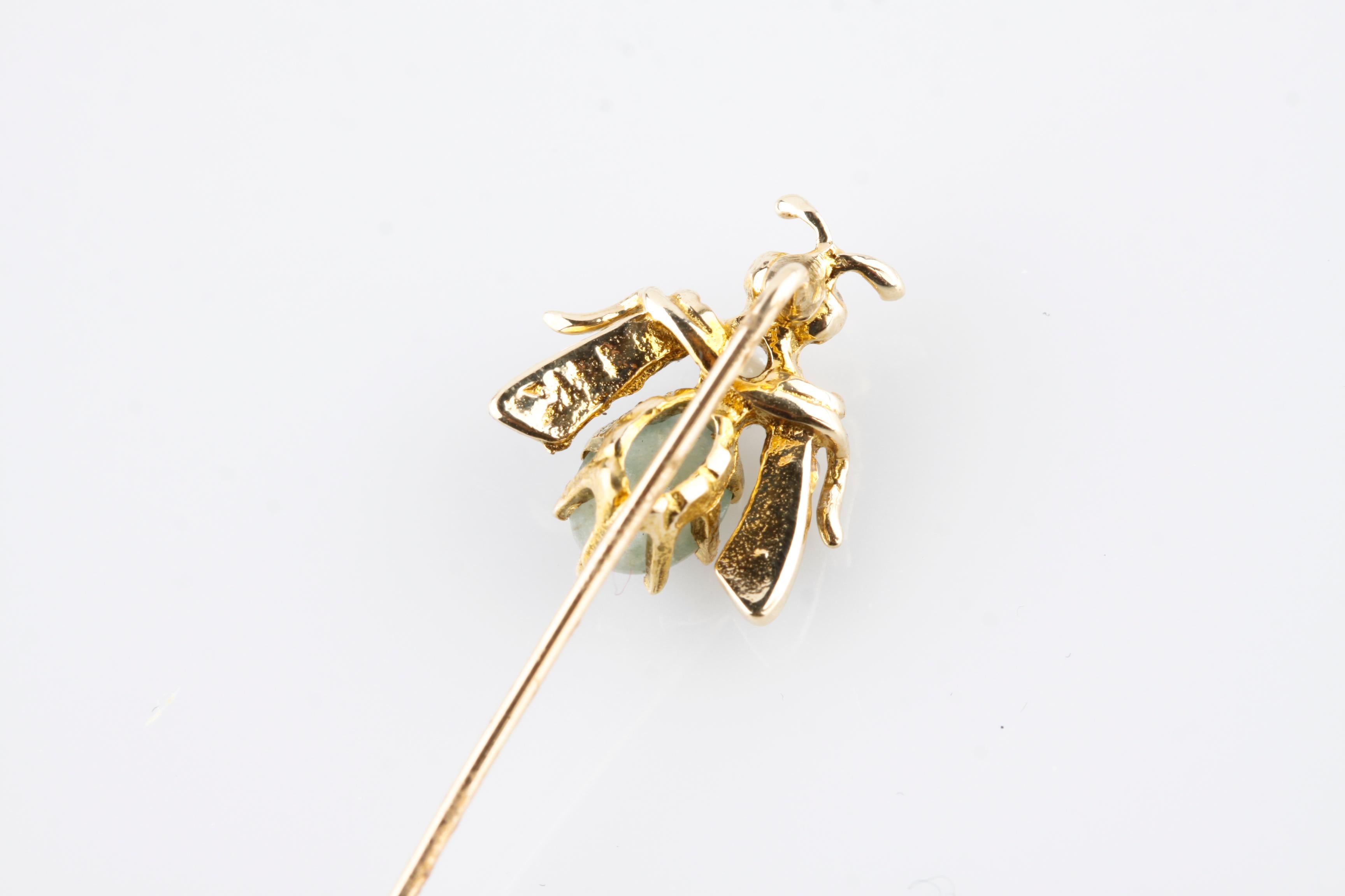 Modern 14k Yellow Gold Jade Cabochon Fly Pin with Seed Pearls Gorgeous! For Sale